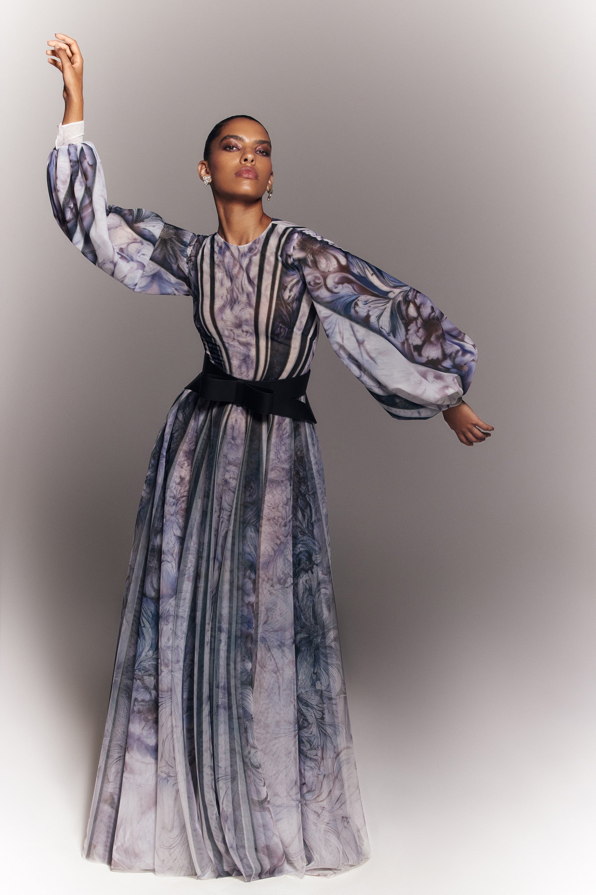 TULL PRINTED DRESS WITH BELL SLEEVES