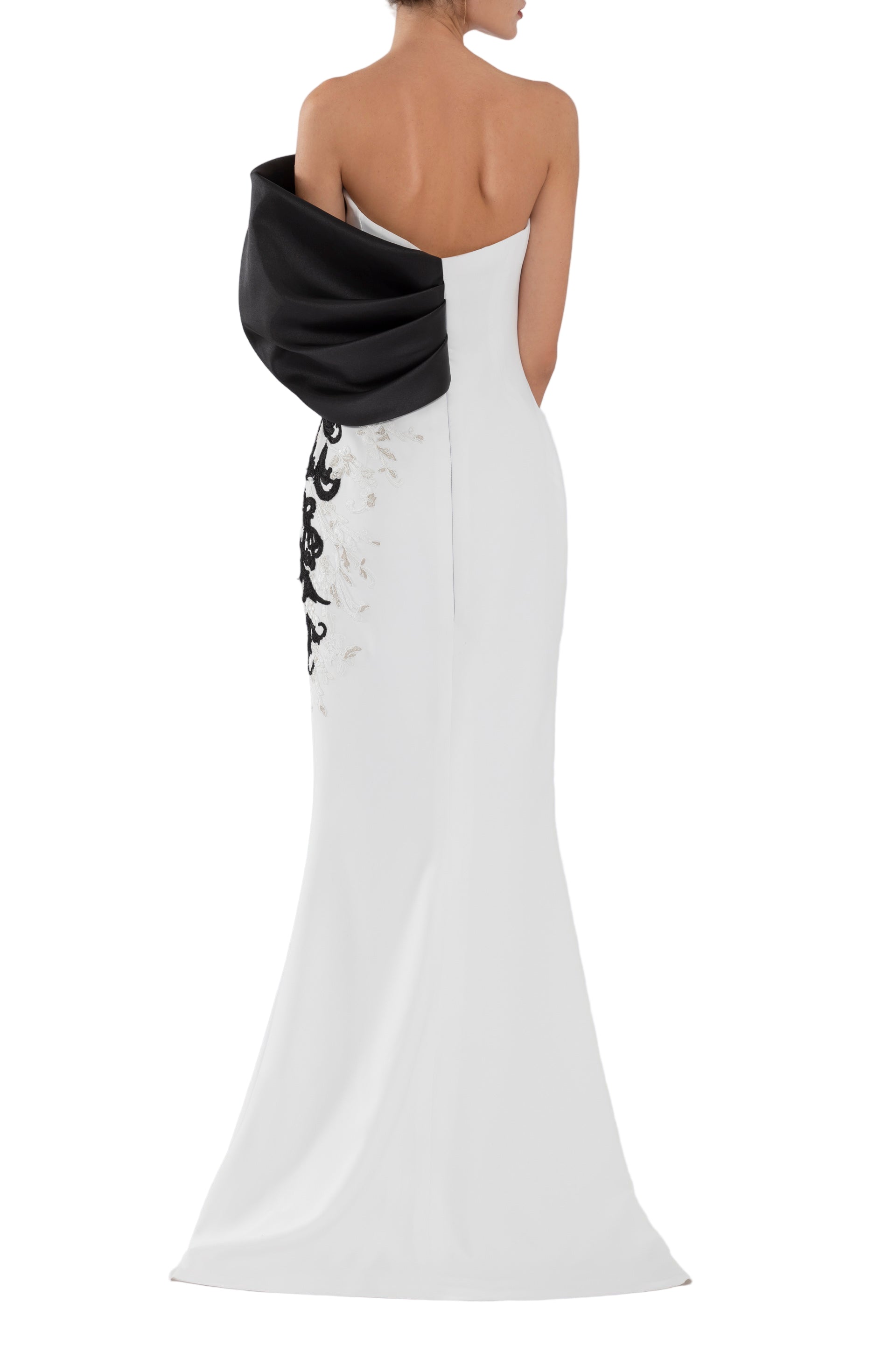 CREPE STRAIGHT FIT DRESS WITH MIKADO ONE SIDED, OFF-SHOULDER SLEEVE