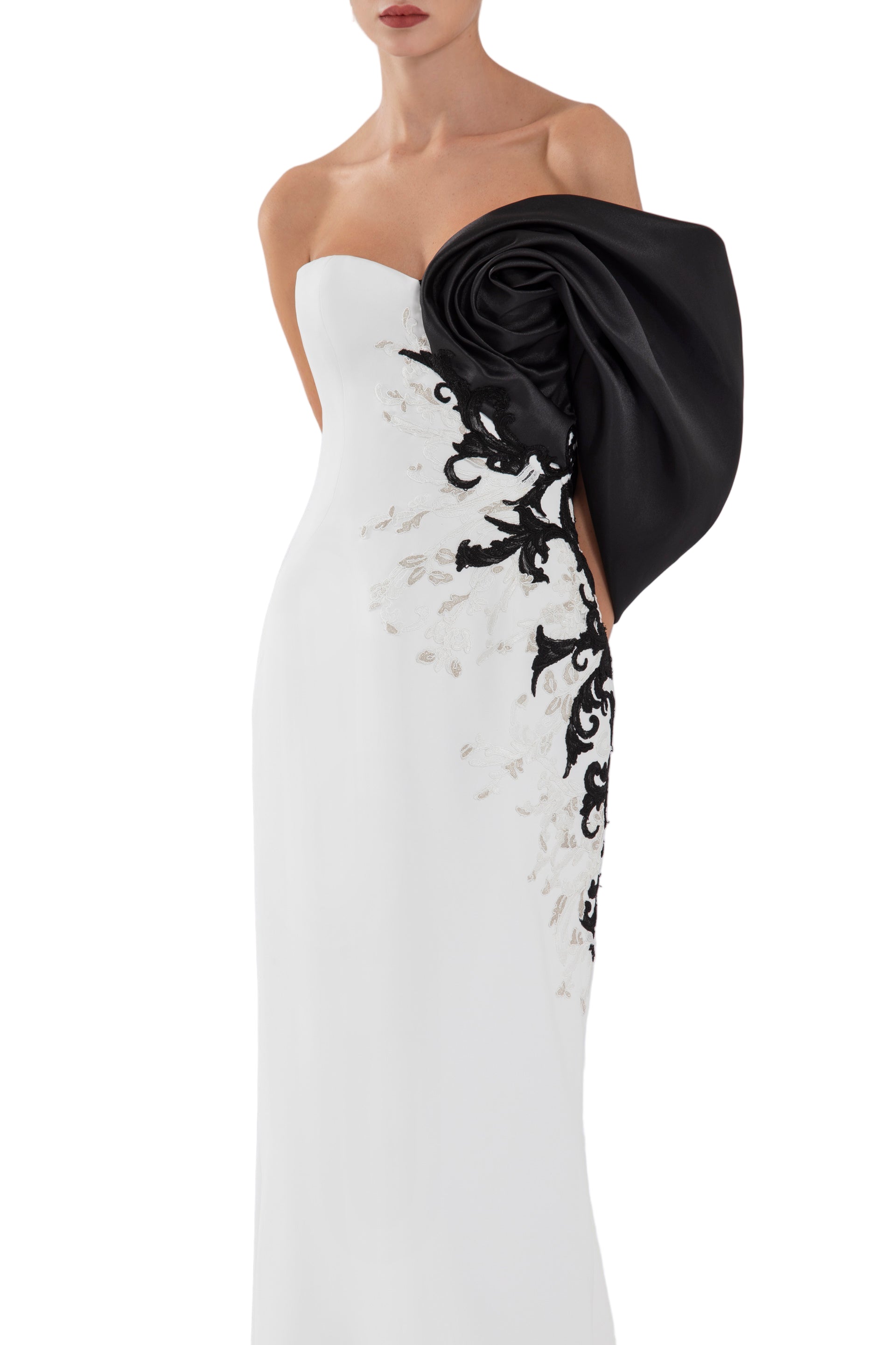 CREPE STRAIGHT FIT DRESS WITH MIKADO ONE SIDED, OFF-SHOULDER SLEEVE