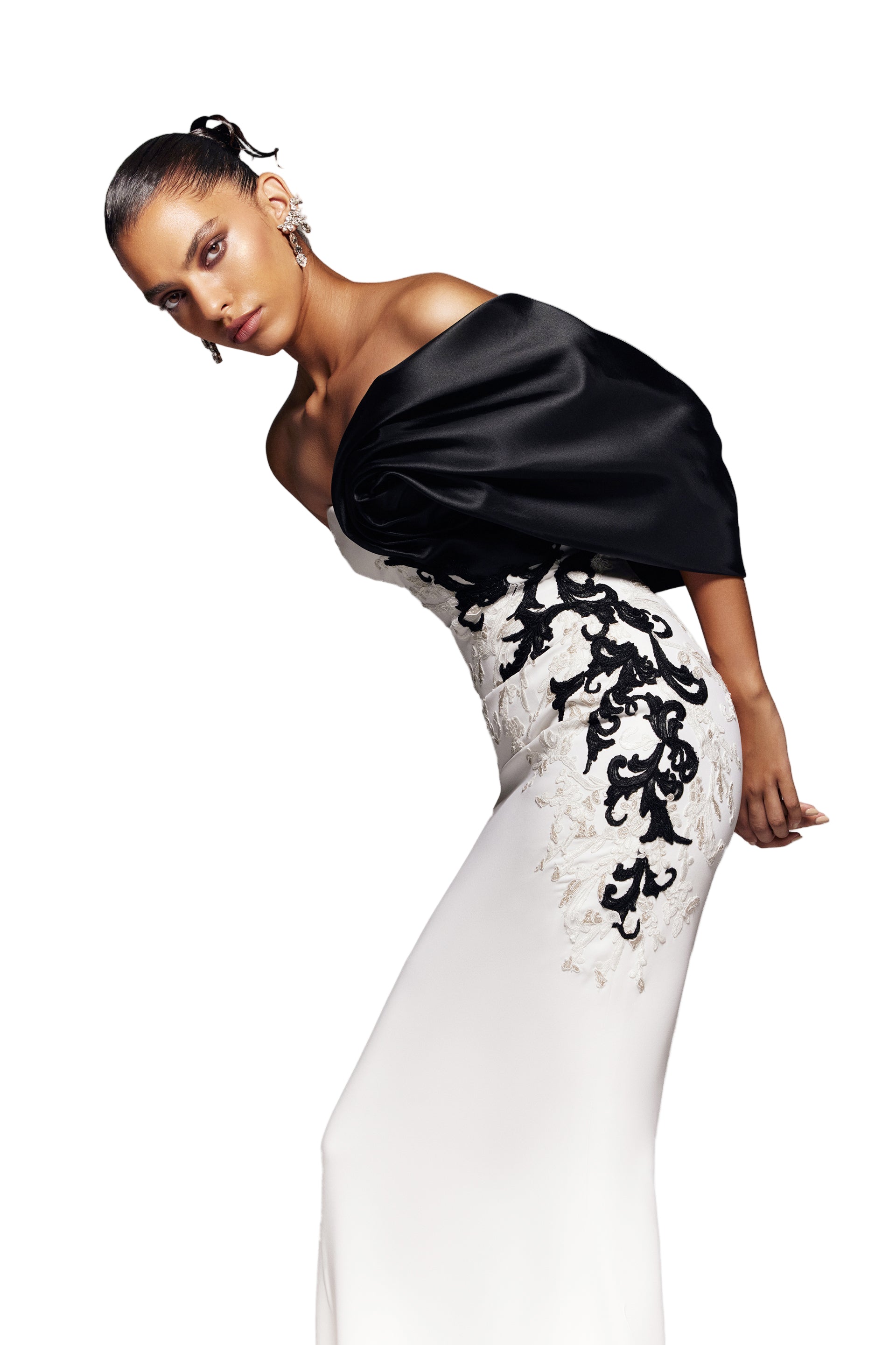 CREPE STRAIGHT FIT DRESS WITH MIKADO ONE SIDED, OFF-SHOULDER SLEEVE