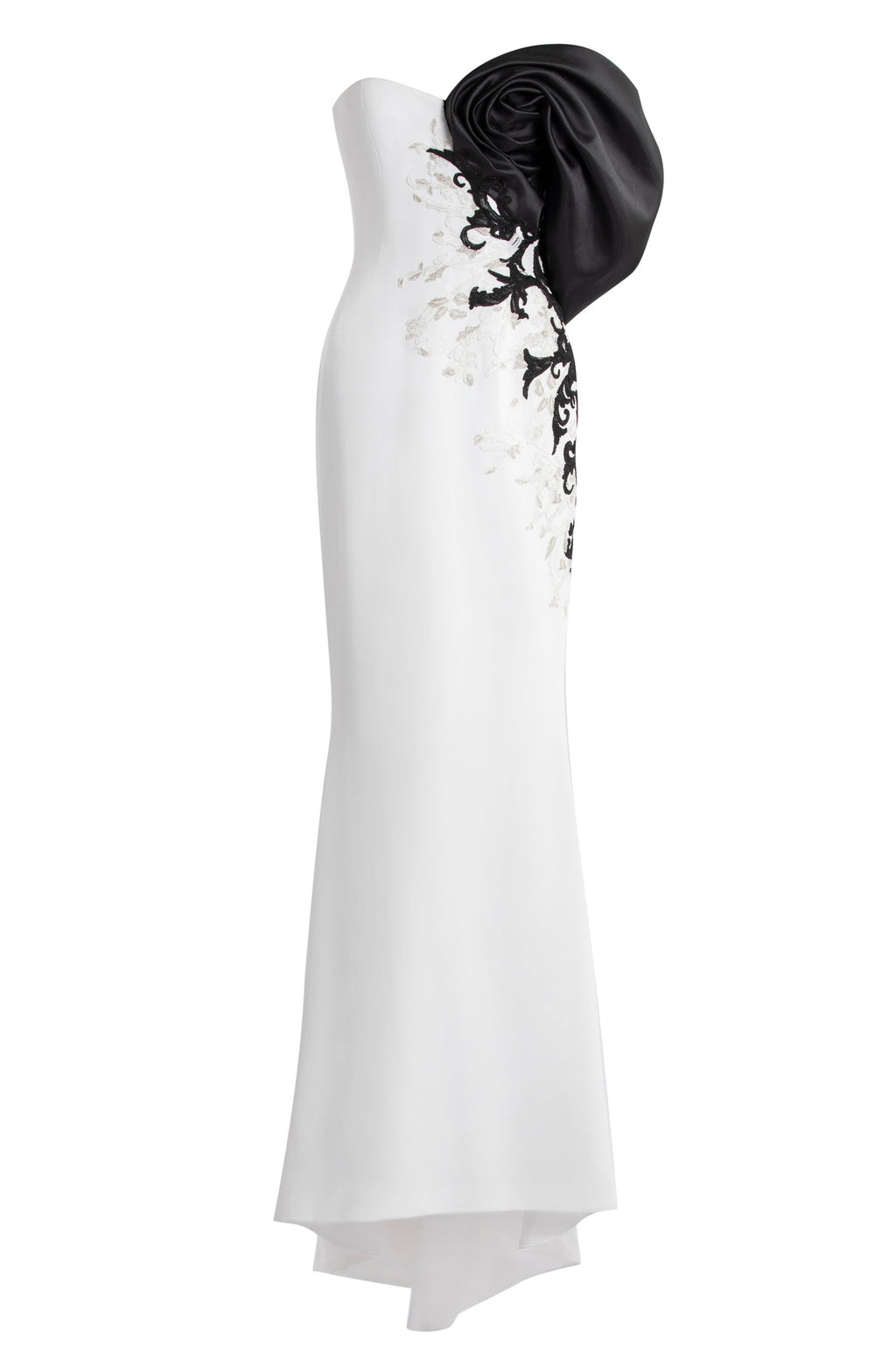 CREPE STRAIGHT FIT DRESS WITH MIKADO ONE SIDED, OFF-SHOULDER SLEEVE