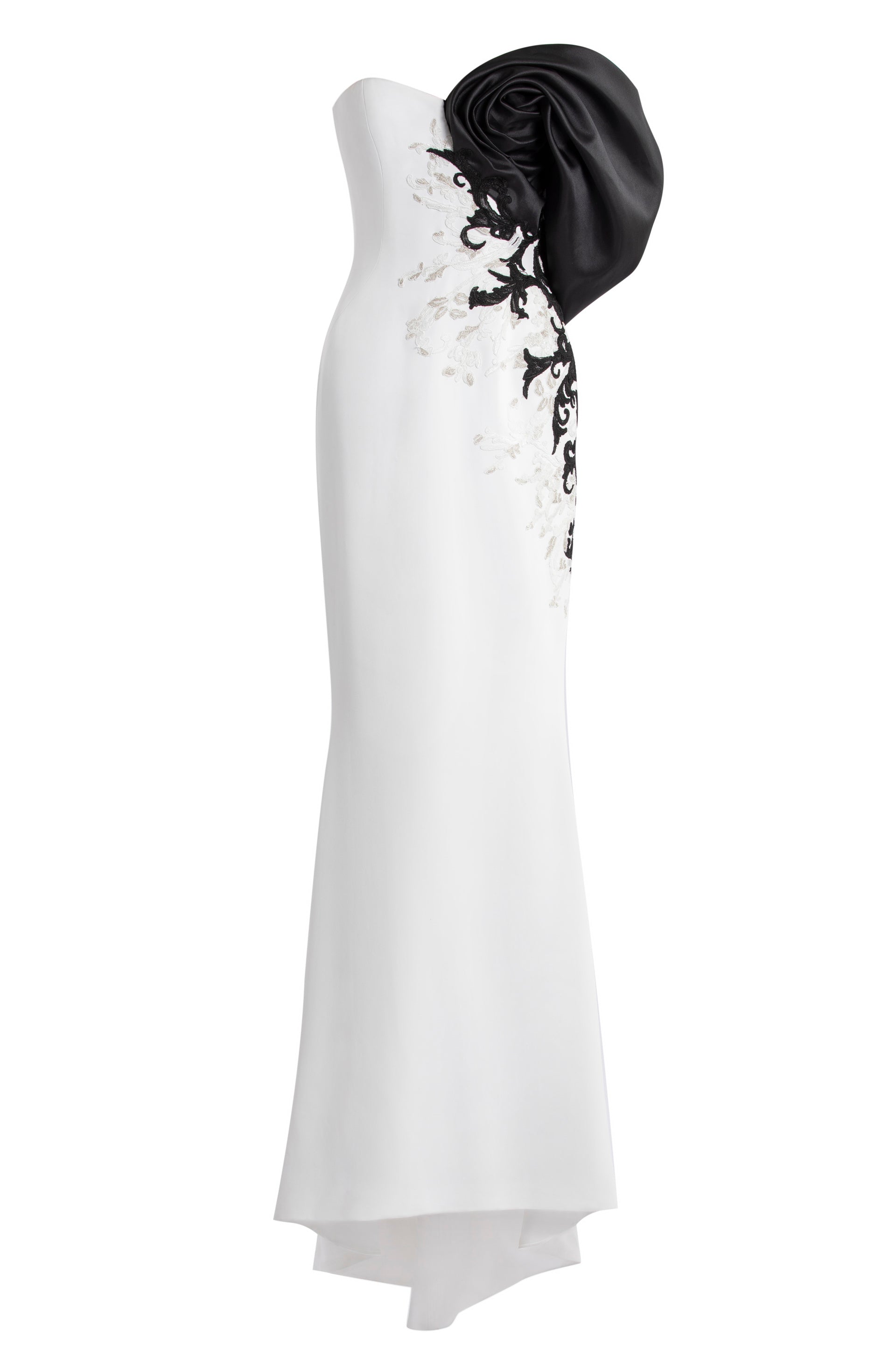 CREPE STRAIGHT FIT DRESS WITH MIKADO ONE SIDED, OFF-SHOULDER SLEEVE