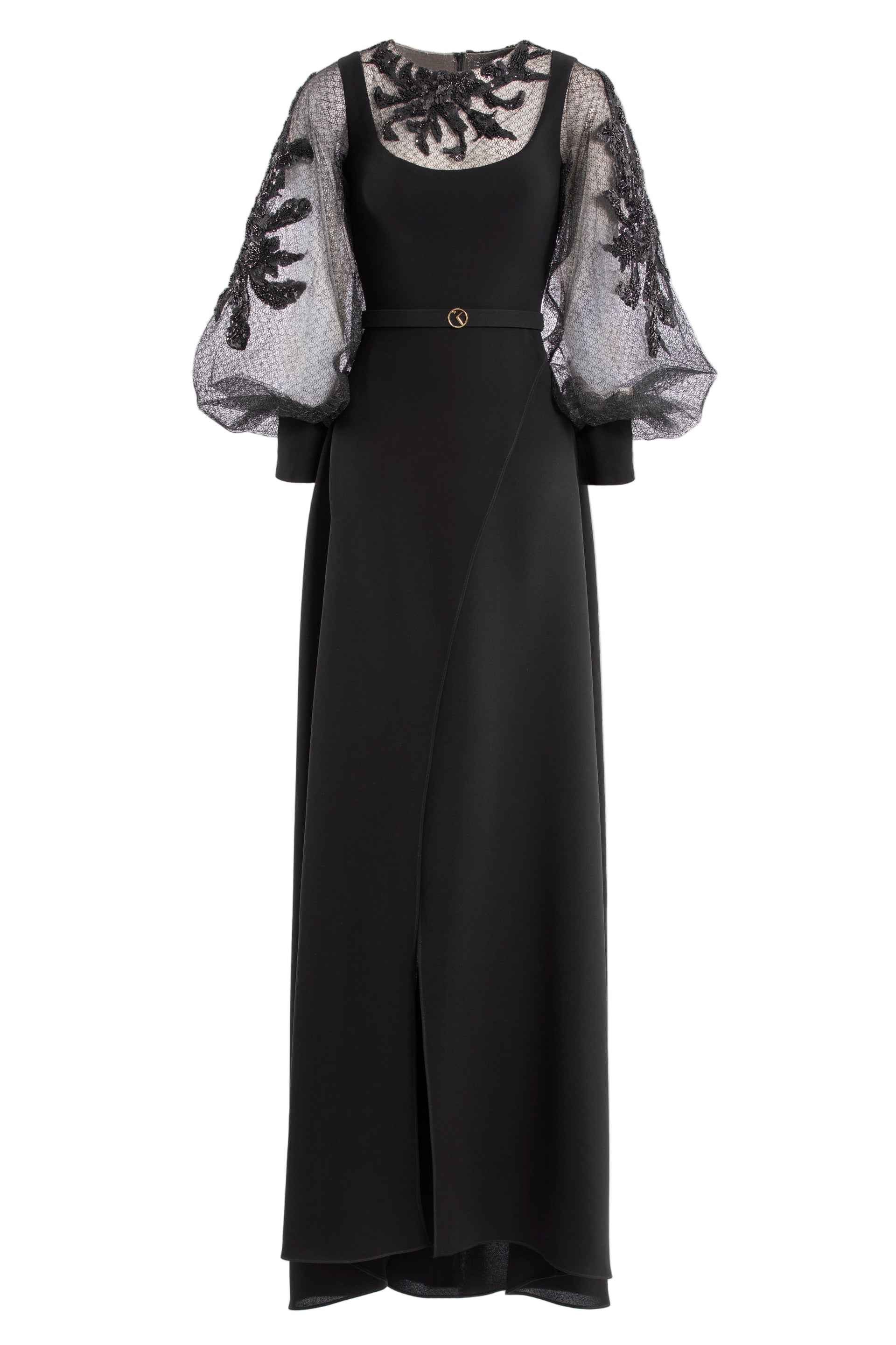 CREPE DRESS WITH ENVELOPE SKIRT AND A BEADED TOP AND SLEEVES