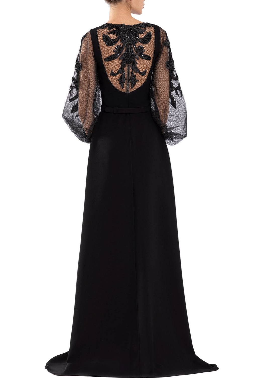 CREPE DRESS WITH ENVELOPE SKIRT AND A BEADED TOP AND SLEEVES