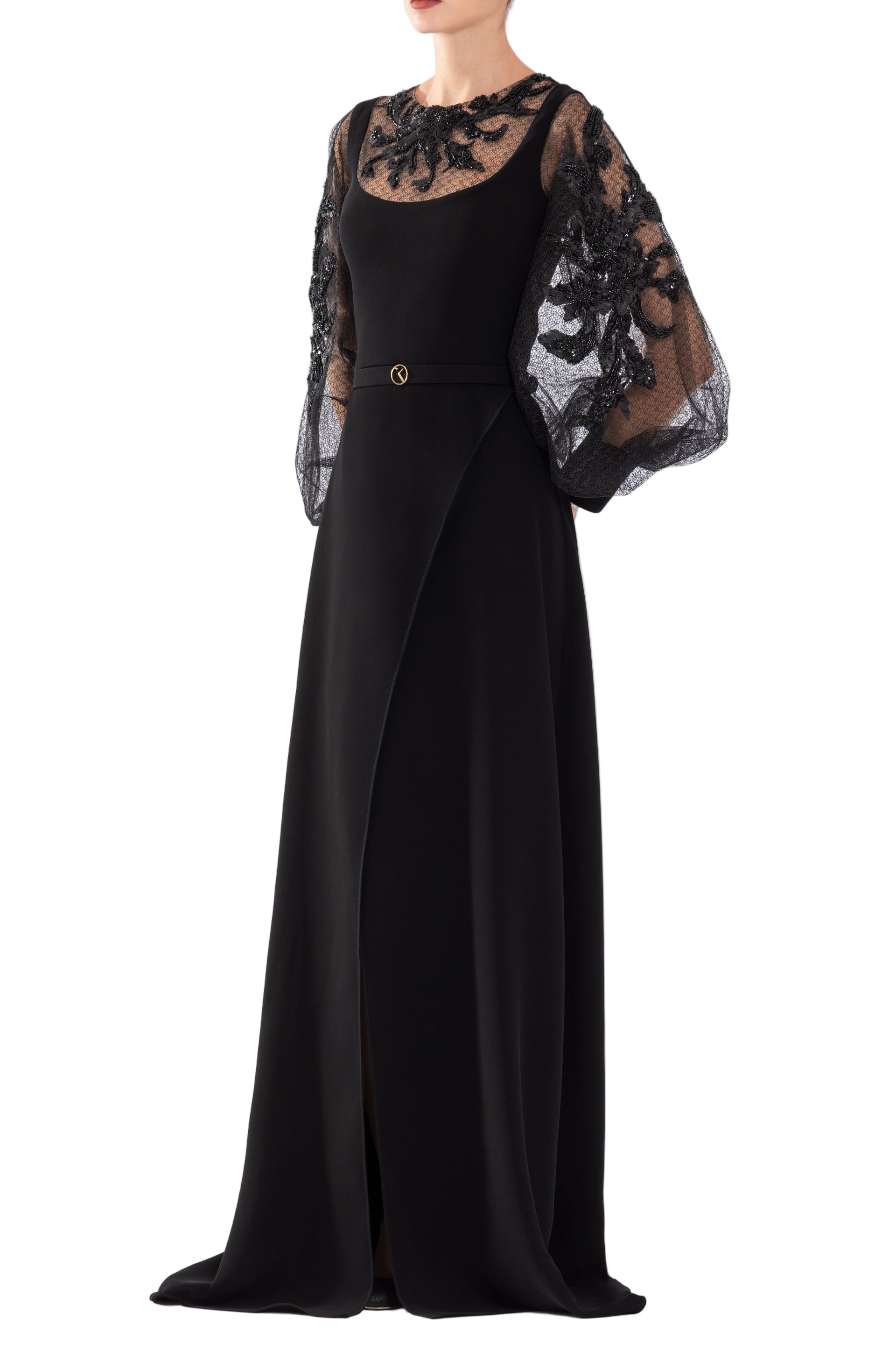 CREPE DRESS WITH ENVELOPE SKIRT AND A BEADED TOP AND SLEEVES