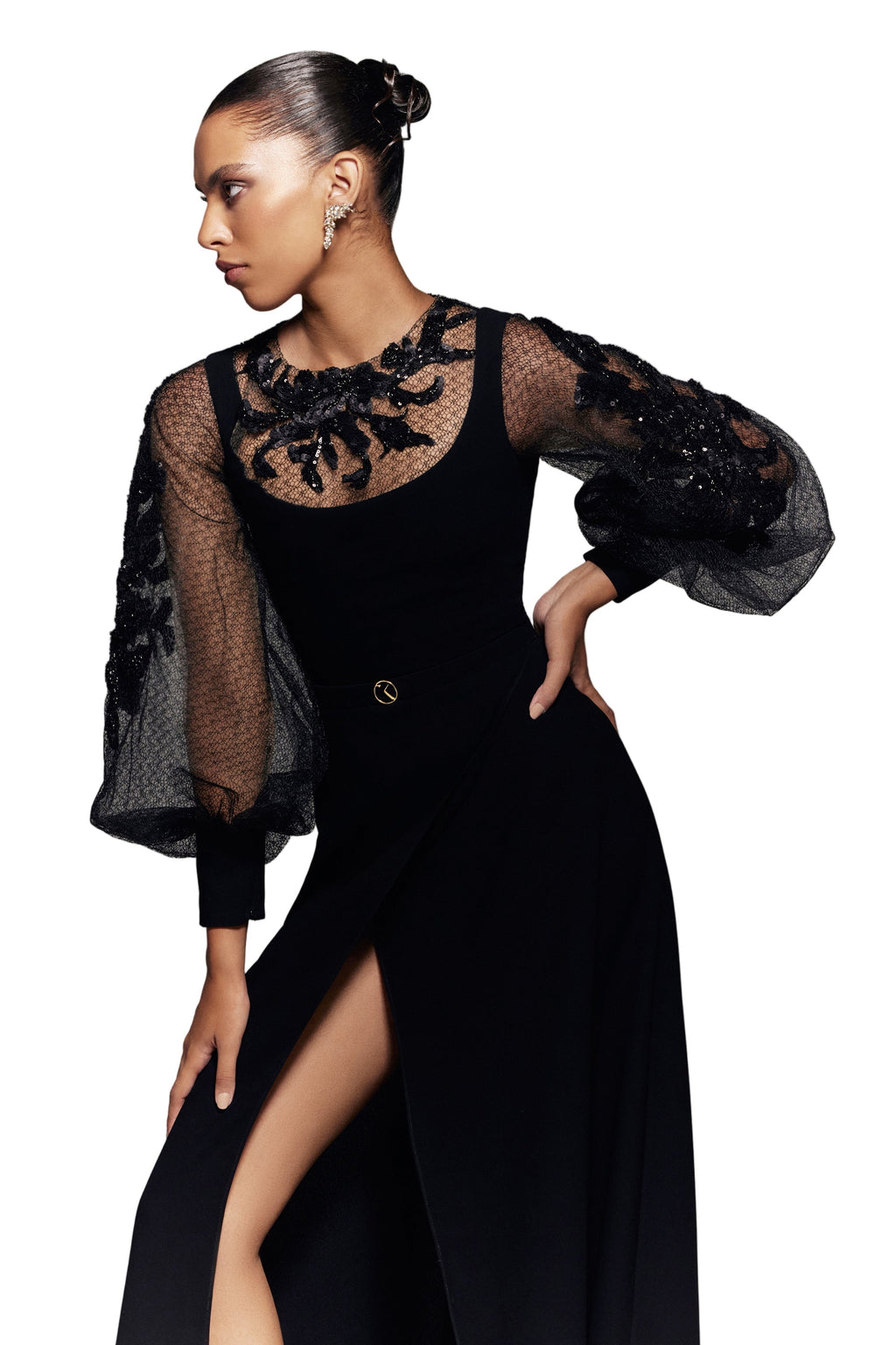 CREPE DRESS WITH ENVELOPE SKIRT AND A BEADED TOP AND SLEEVES