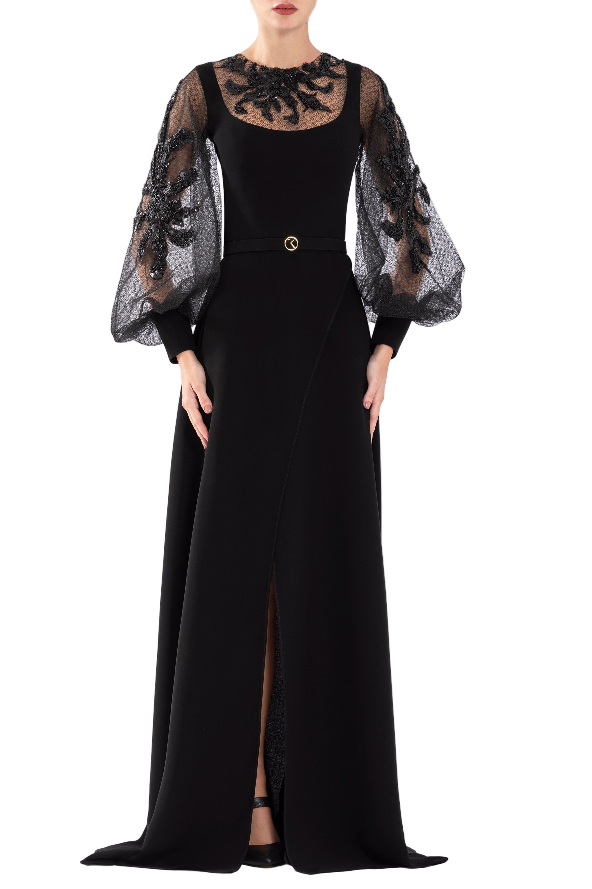CREPE DRESS WITH ENVELOPE SKIRT AND A BEADED TOP AND SLEEVES