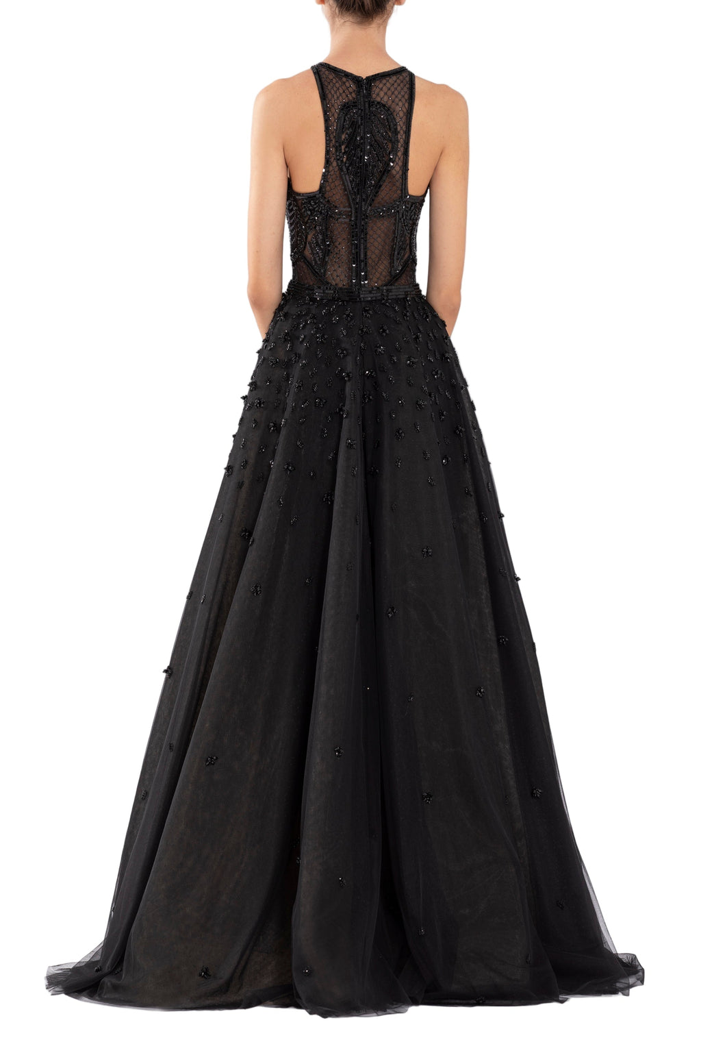 TULLE BEADED DRESS WITH HALTER NECKLINE