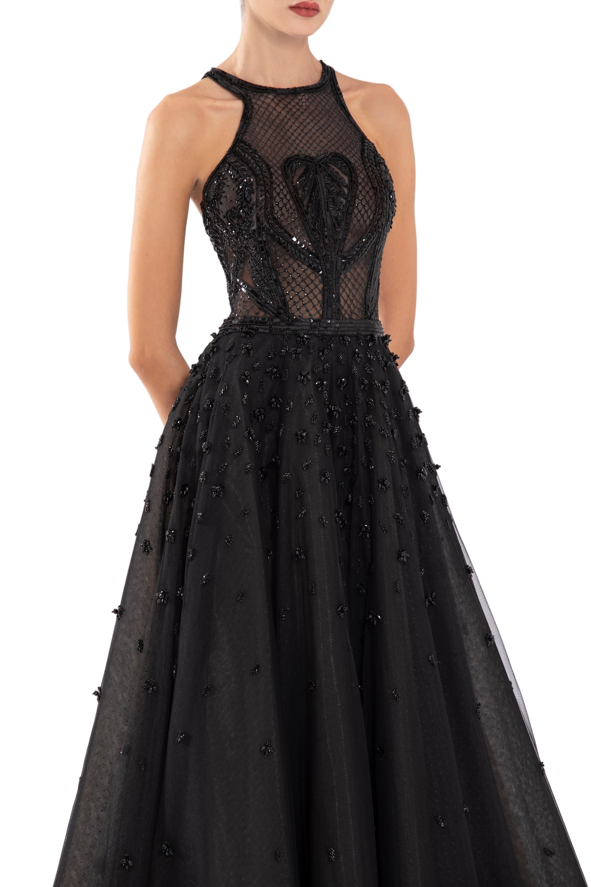 TULLE BEADED DRESS WITH HALTER NECKLINE