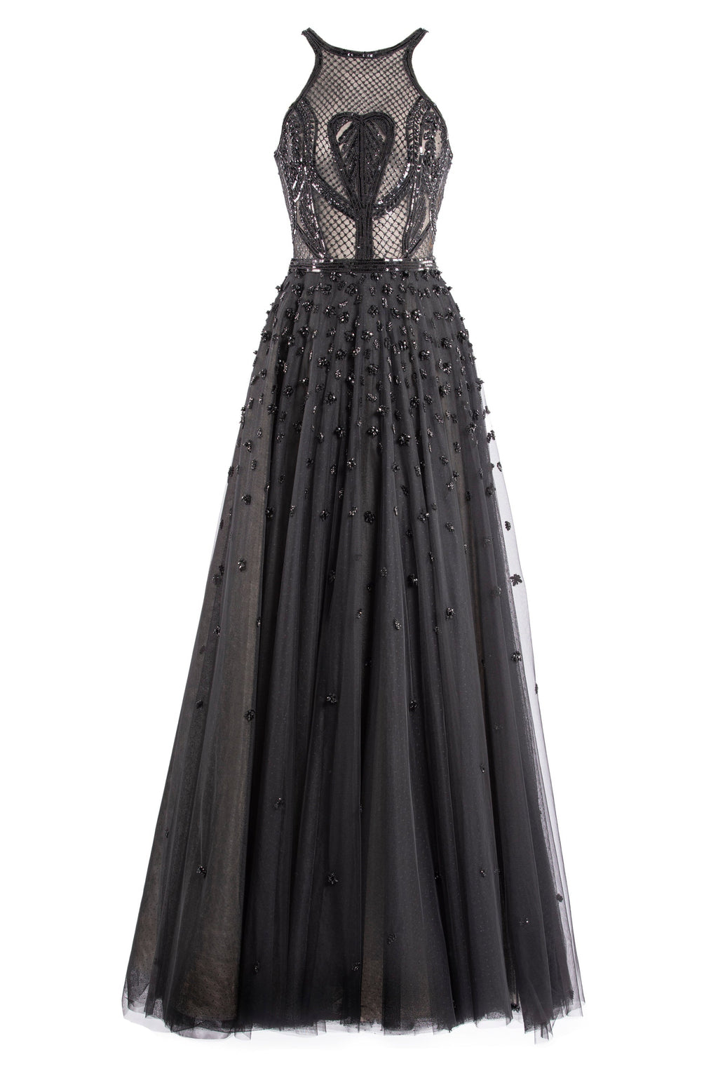 TULLE BEADED DRESS WITH HALTER NECKLINE