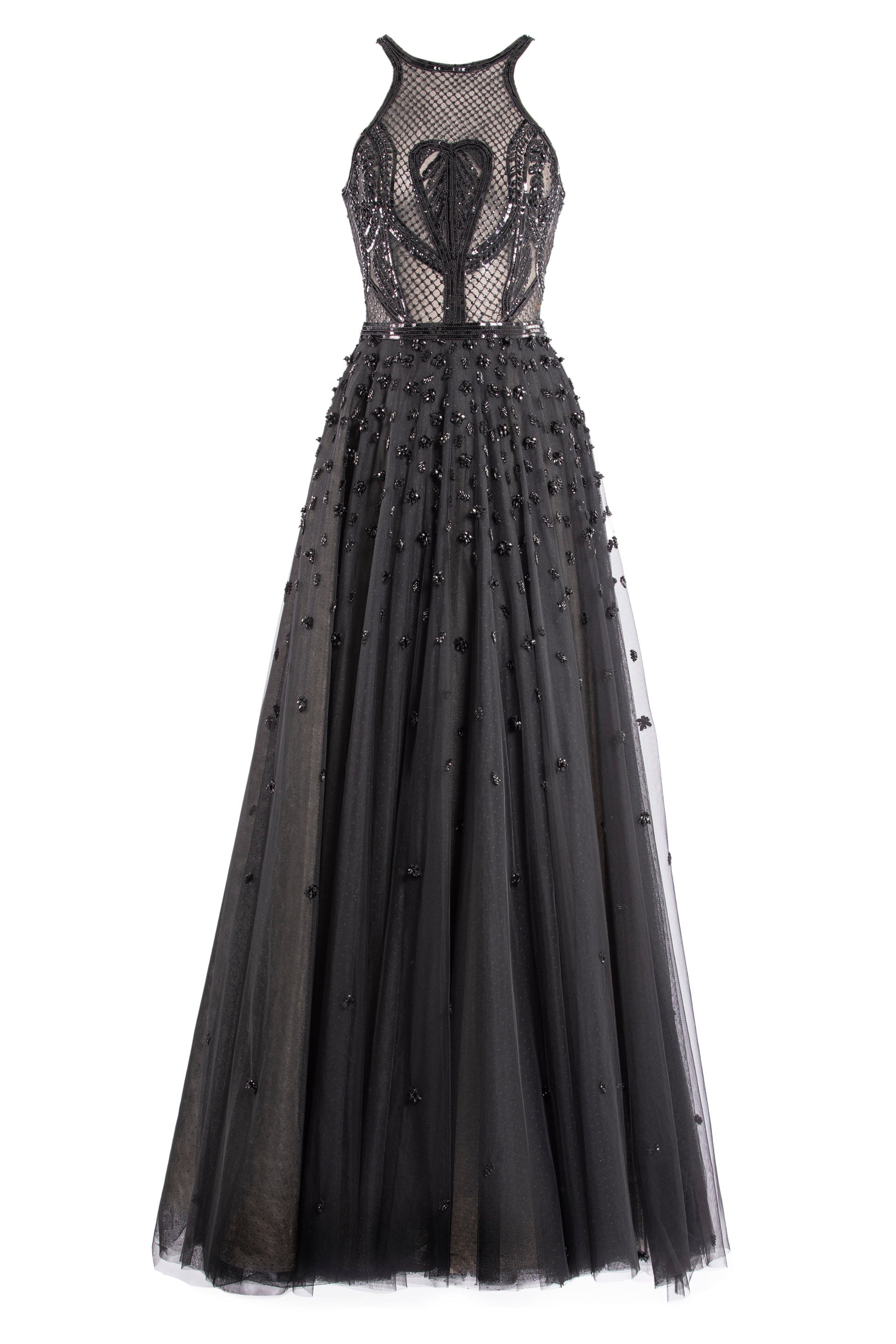 TULLE BEADED DRESS WITH HALTER NECKLINE