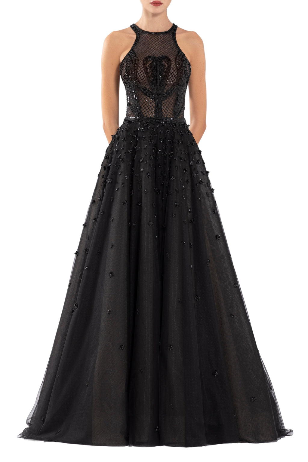 TULLE BEADED DRESS WITH HALTER NECKLINE