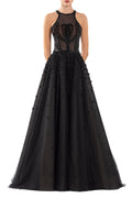 TULLE BEADED DRESS WITH HALTER NECKLINE