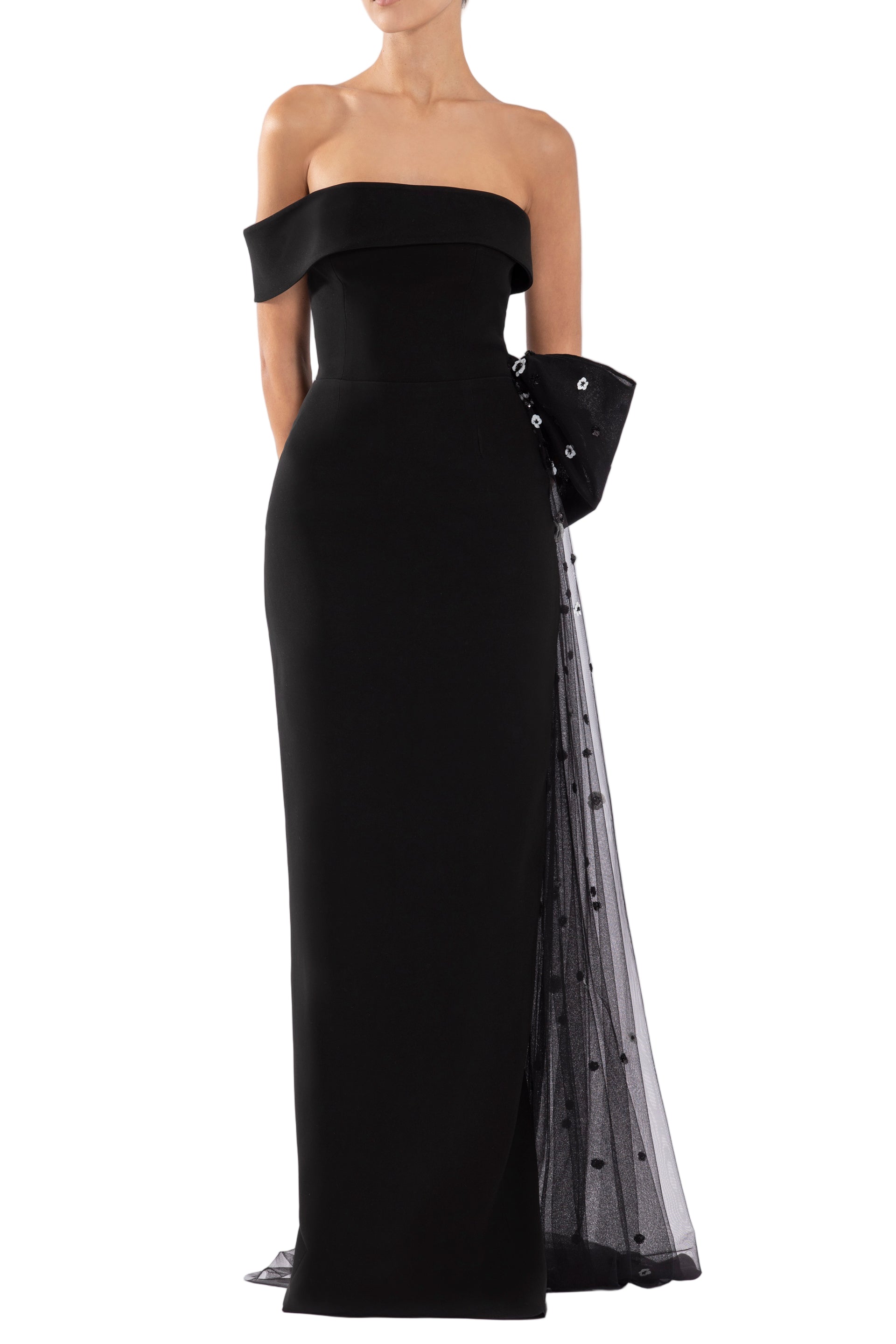 CREPE OFF-SHOULDER DRESS WITH A TULLE BOW AND TAIL ON THE BACK