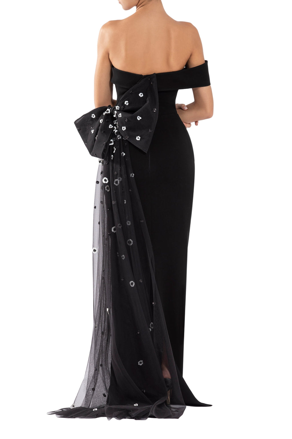 CREPE OFF-SHOULDER DRESS WITH A TULLE BOW AND TAIL ON THE BACK