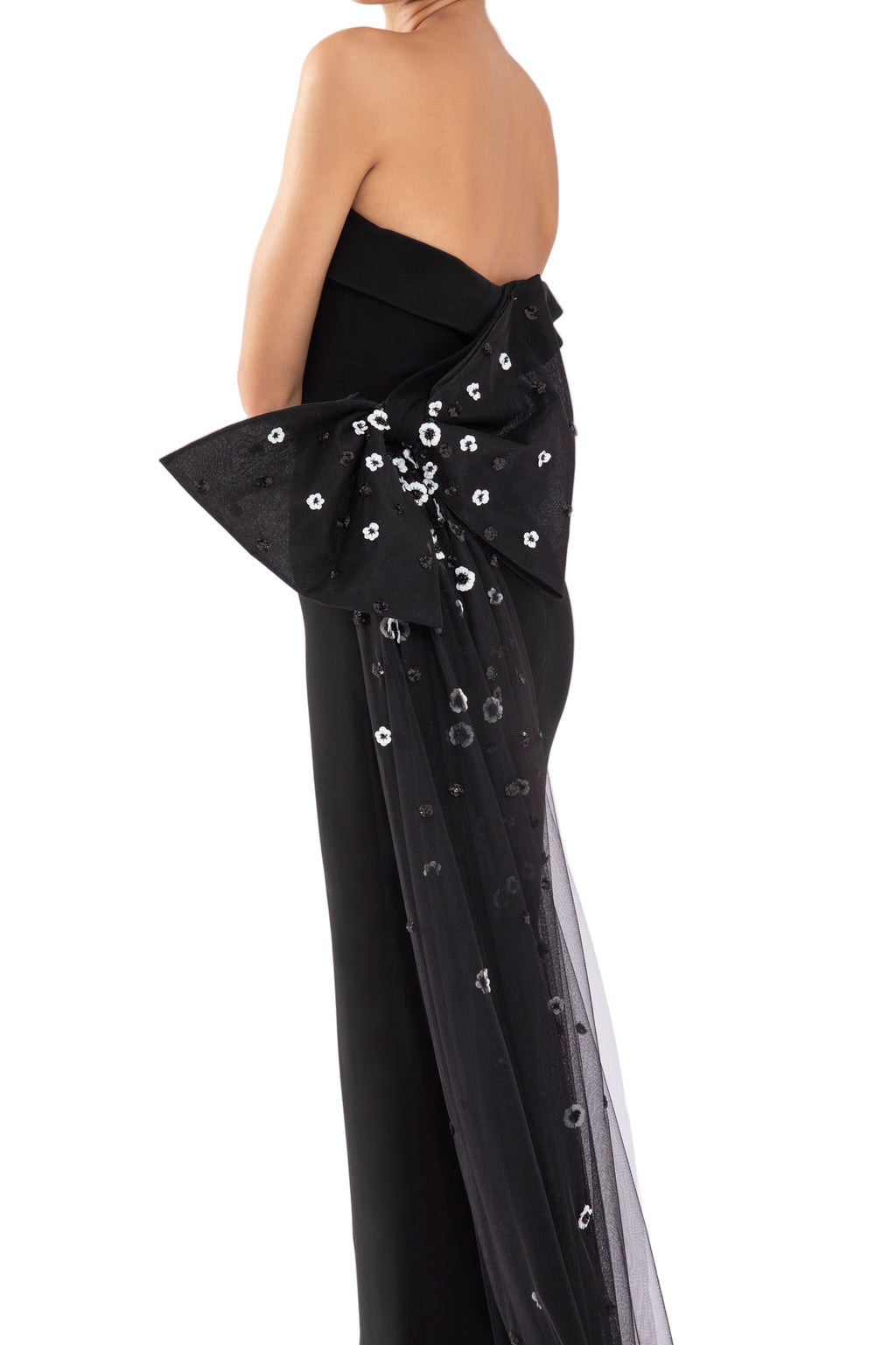 CREPE OFF-SHOULDER DRESS WITH A TULLE BOW AND TAIL ON THE BACK