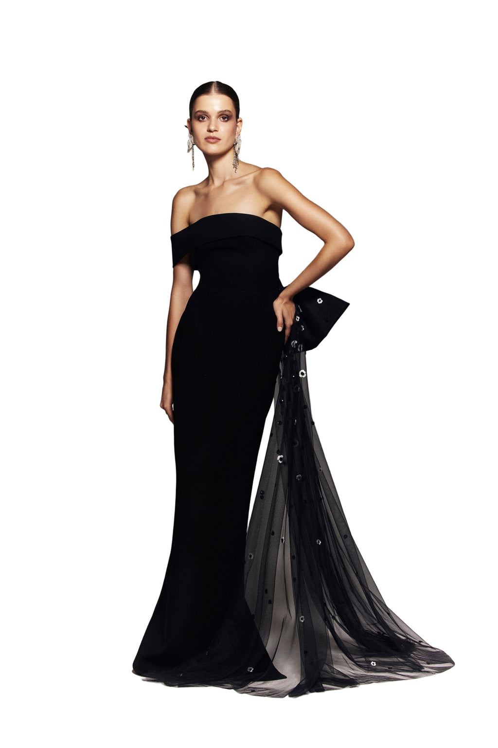 CREPE OFF-SHOULDER DRESS WITH A TULLE BOW AND TAIL ON THE BACK