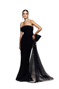 CREPE OFF-SHOULDER DRESS WITH A TULLE BOW AND TAIL ON THE BACK