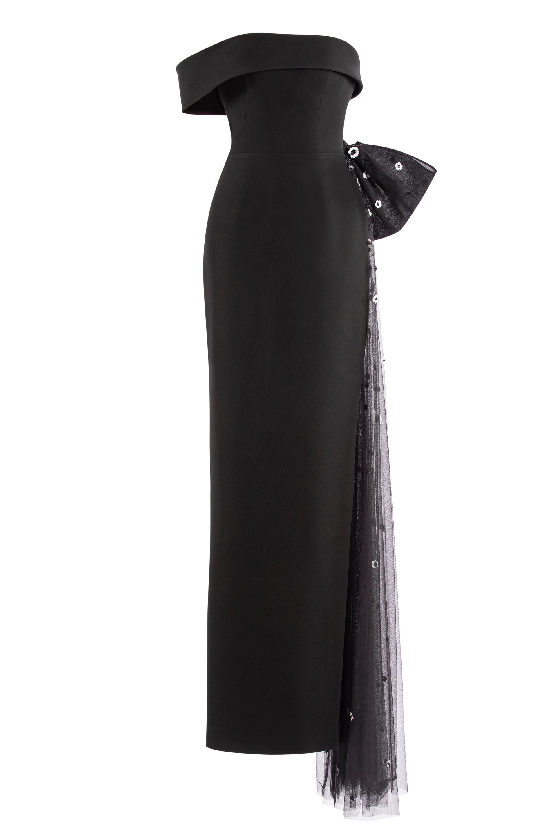CREPE OFF-SHOULDER DRESS WITH A TULLE BOW AND TAIL ON THE BACK