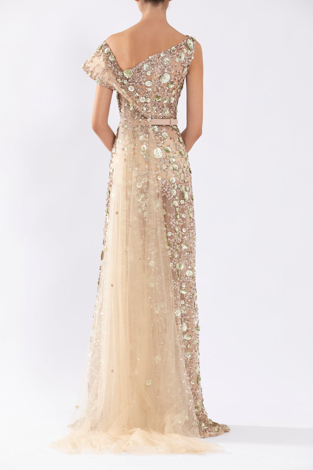 Tulle Dress With Envelope Skirt And Off-Shoulder Sleeves And Tulle Tail
