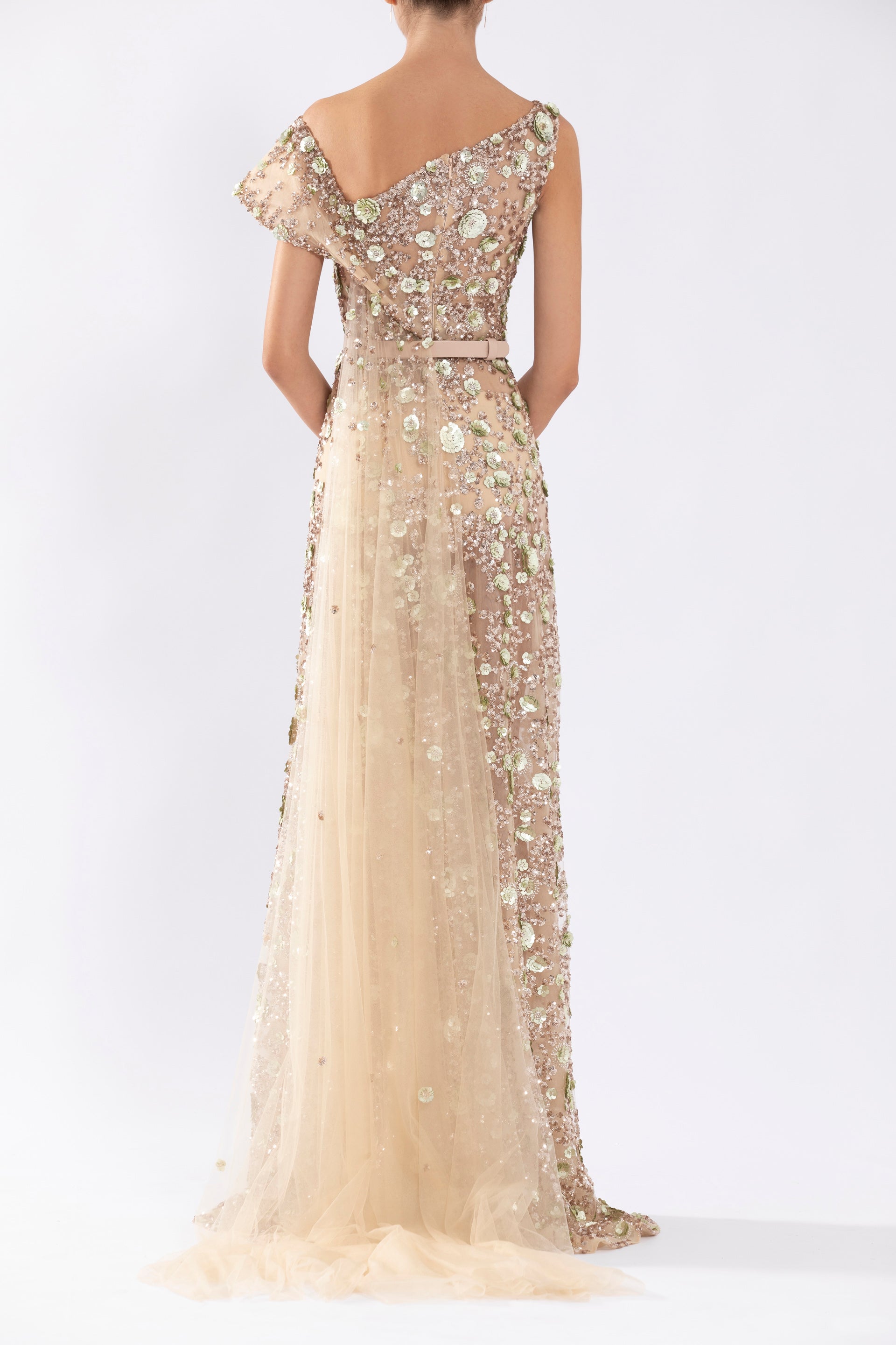 Tulle Dress With Envelope Skirt And Off-Shoulder Sleeves And Tulle Tail