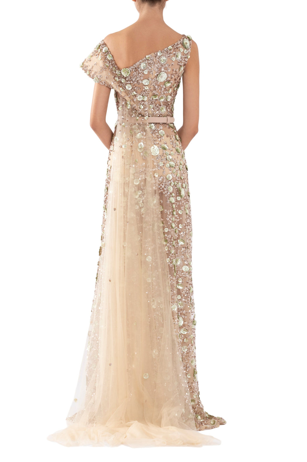 TULLE DRESS WITH ENVELOPE SKIRT AND OFF-SHOULDER SLEEVE AND TULLE TAIL
