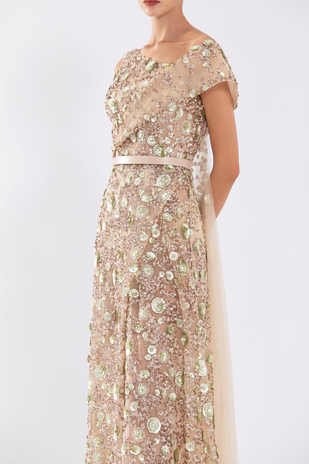 Tulle Dress With Envelope Skirt And Off-Shoulder Sleeves And Tulle Tail