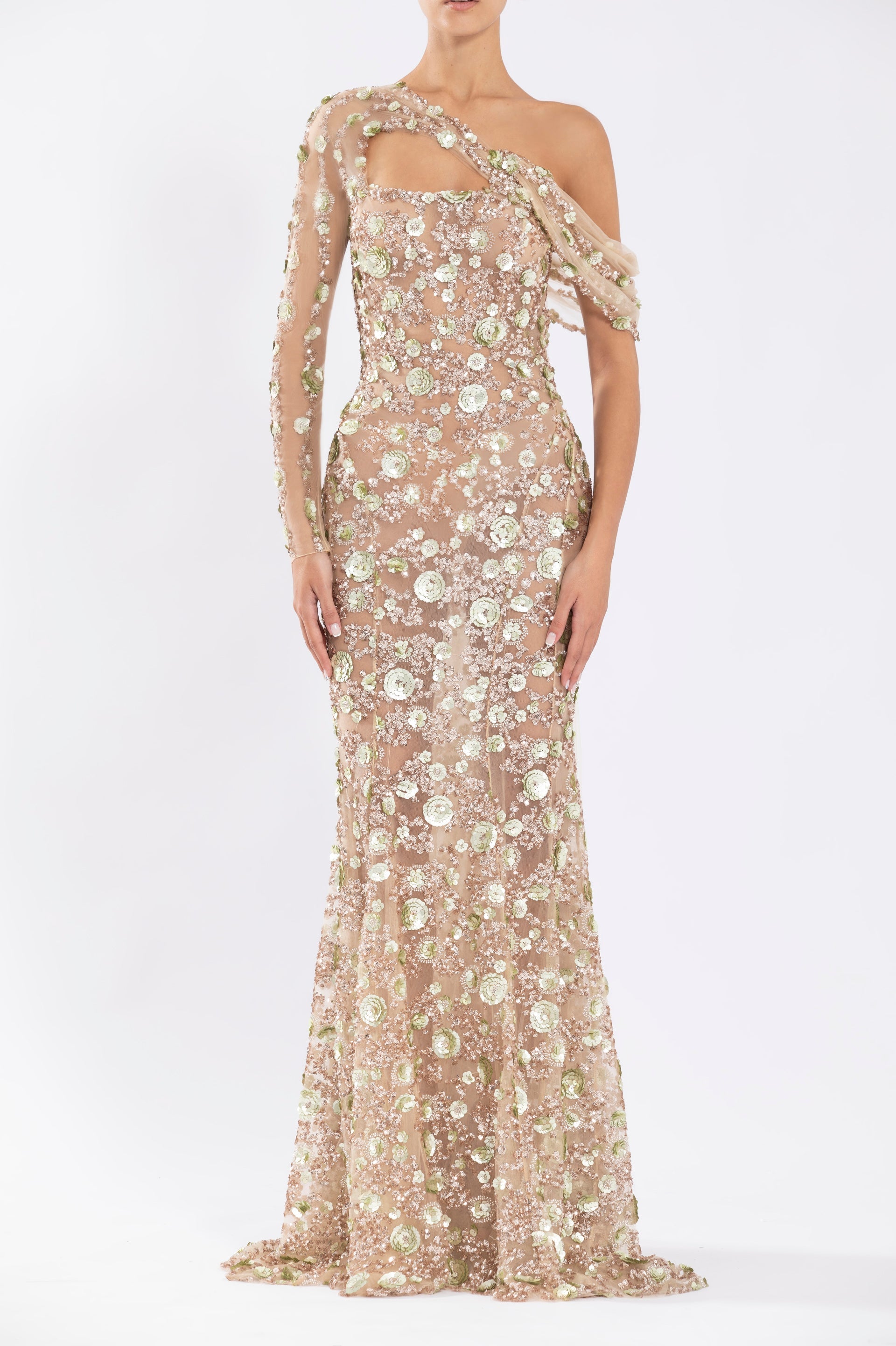 Tulle one-shoulder sleeve, dress with dotted beading a tulle tail