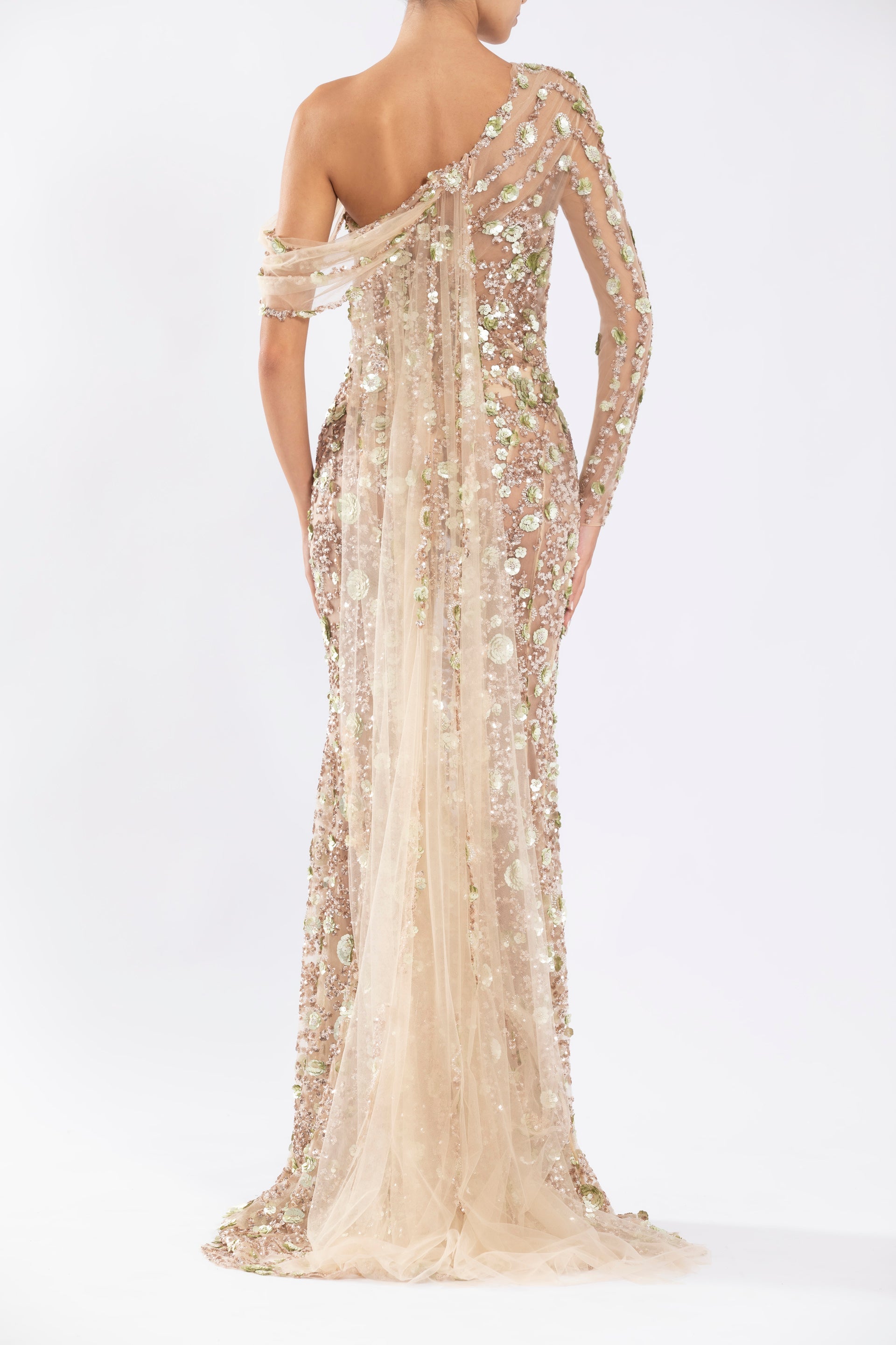 Tulle one-shoulder sleeve, dress with dotted beading a tulle tail