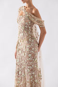 Tulle one-shoulder sleeve, dress with dotted beading a tulle tail