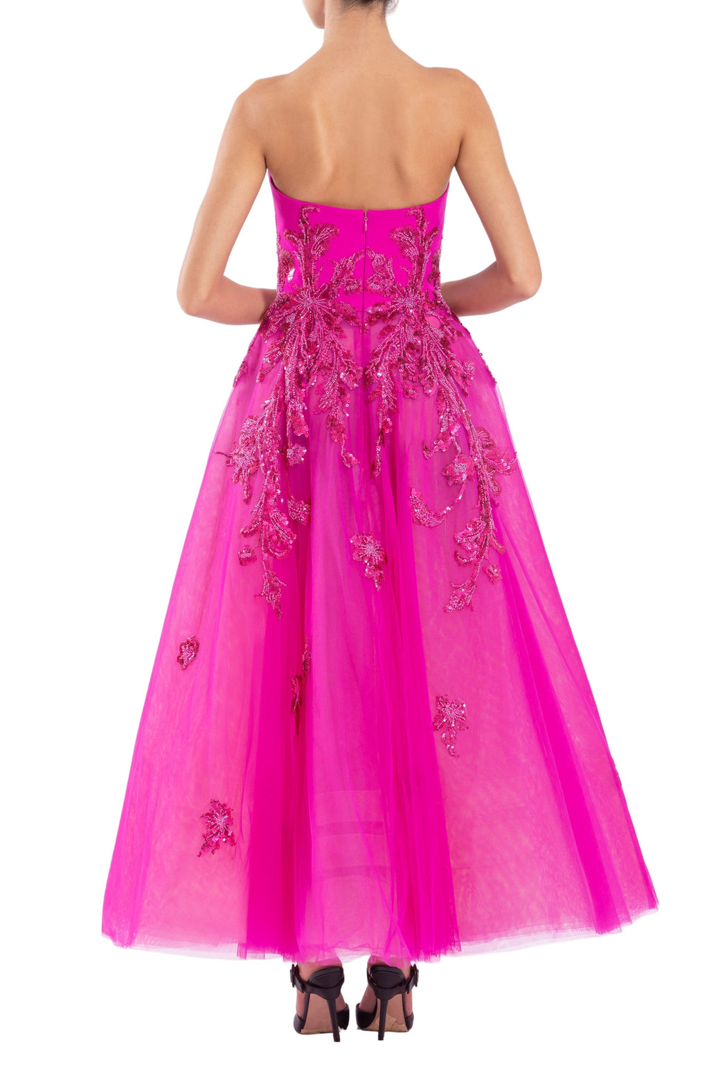 TULLE BEADED DRESS WITH A CREPE STRAPLESS TOP