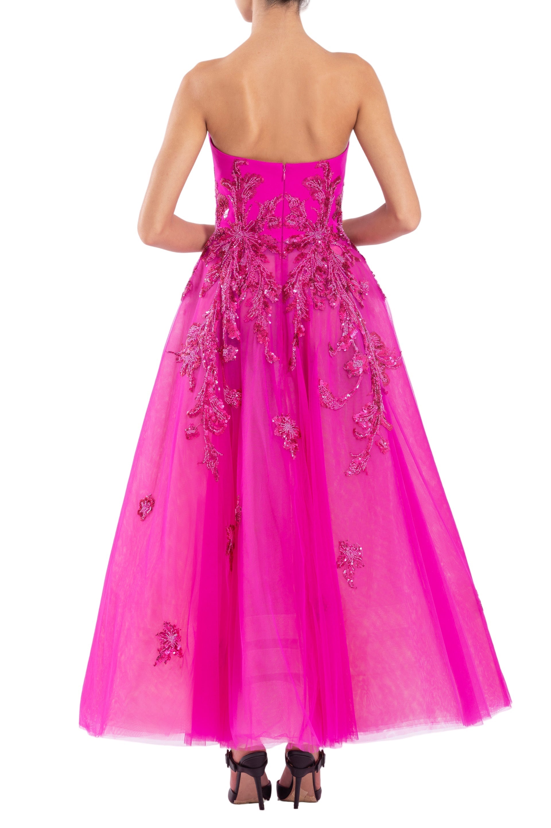 TULLE BEADED DRESS WITH A CREPE STRAPLESS TOP