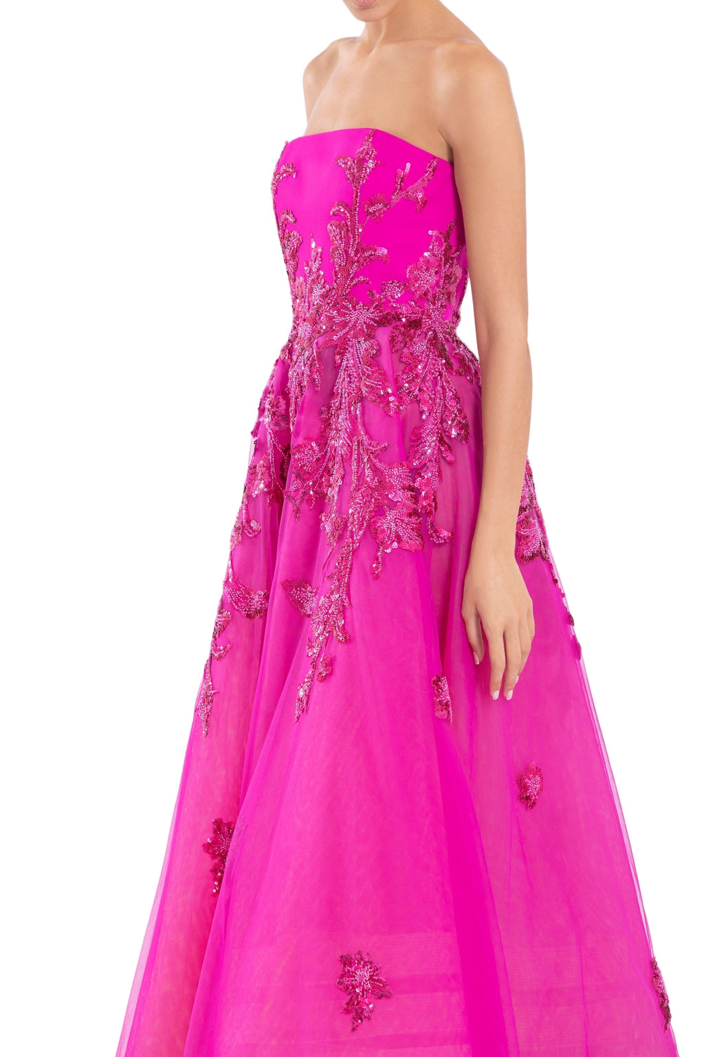 TULLE BEADED DRESS WITH A CREPE STRAPLESS TOP