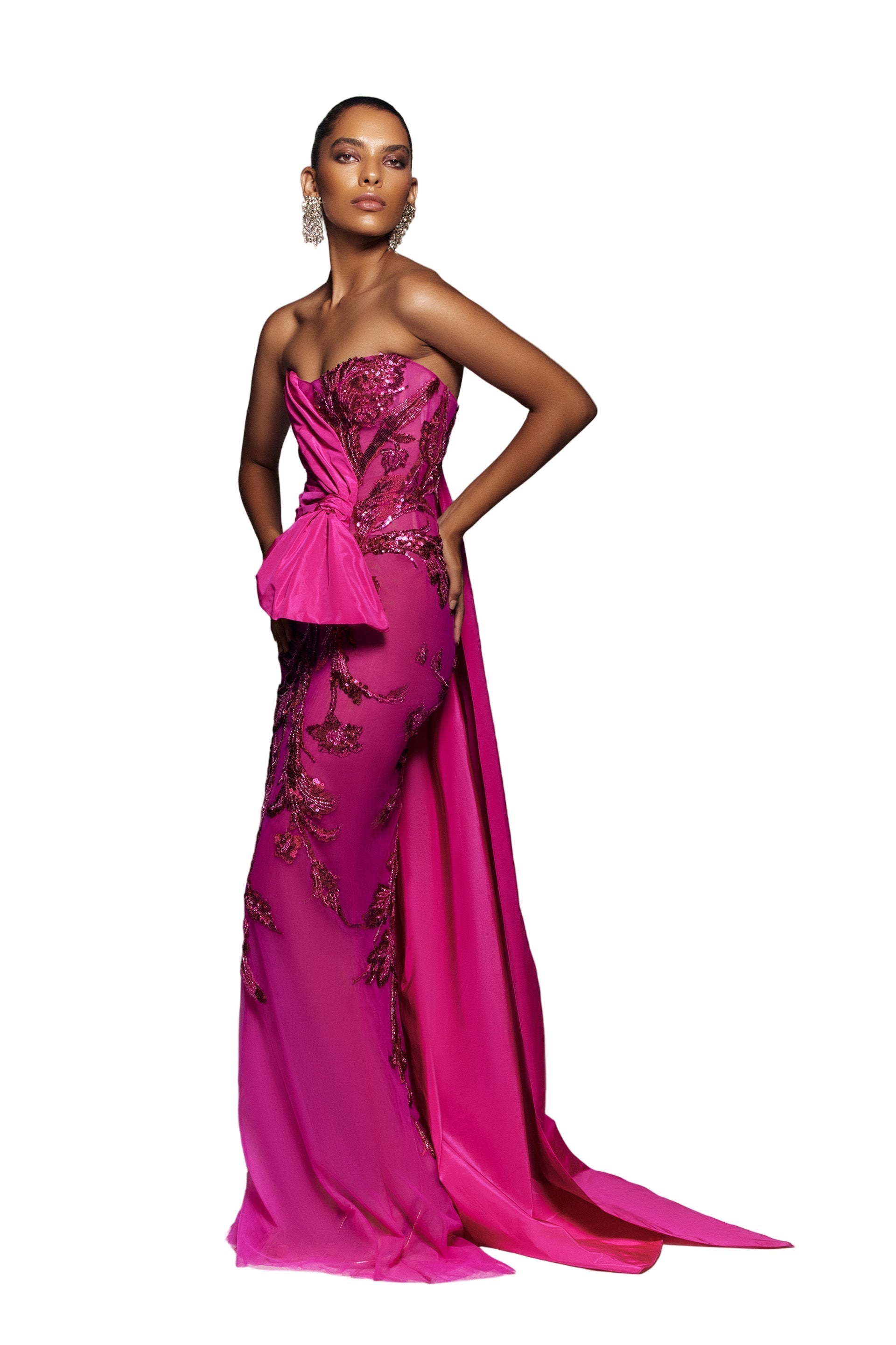 TULLE STRAPLESS BEADED DRESS WITH A TAFFETA DRAPING AND TAIL