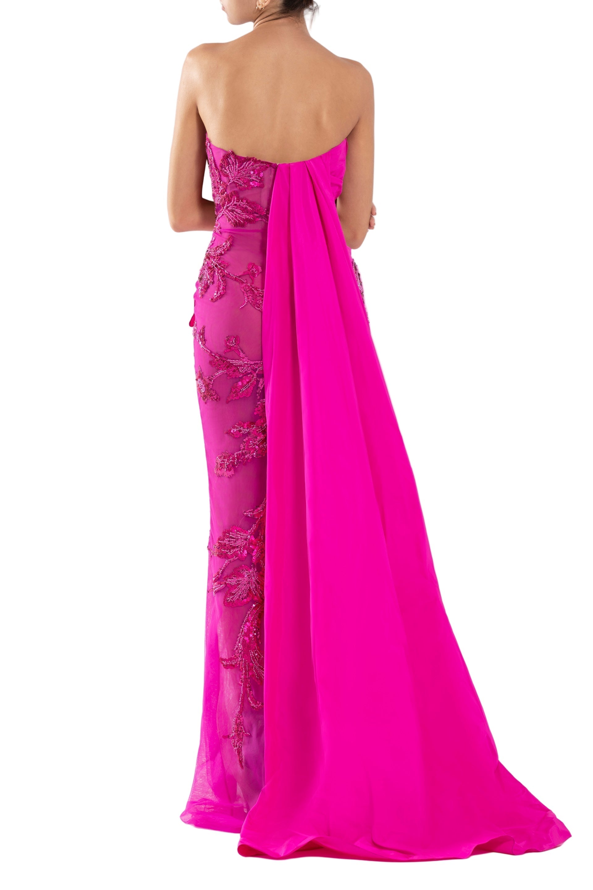 TULLE STRAPLESS BEADED DRESS WITH A TAFFETA DRAPING AND TAIL