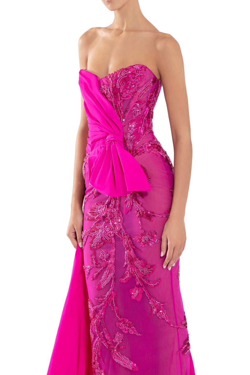 TULLE STRAPLESS BEADED DRESS WITH A TAFFETA DRAPING AND TAIL