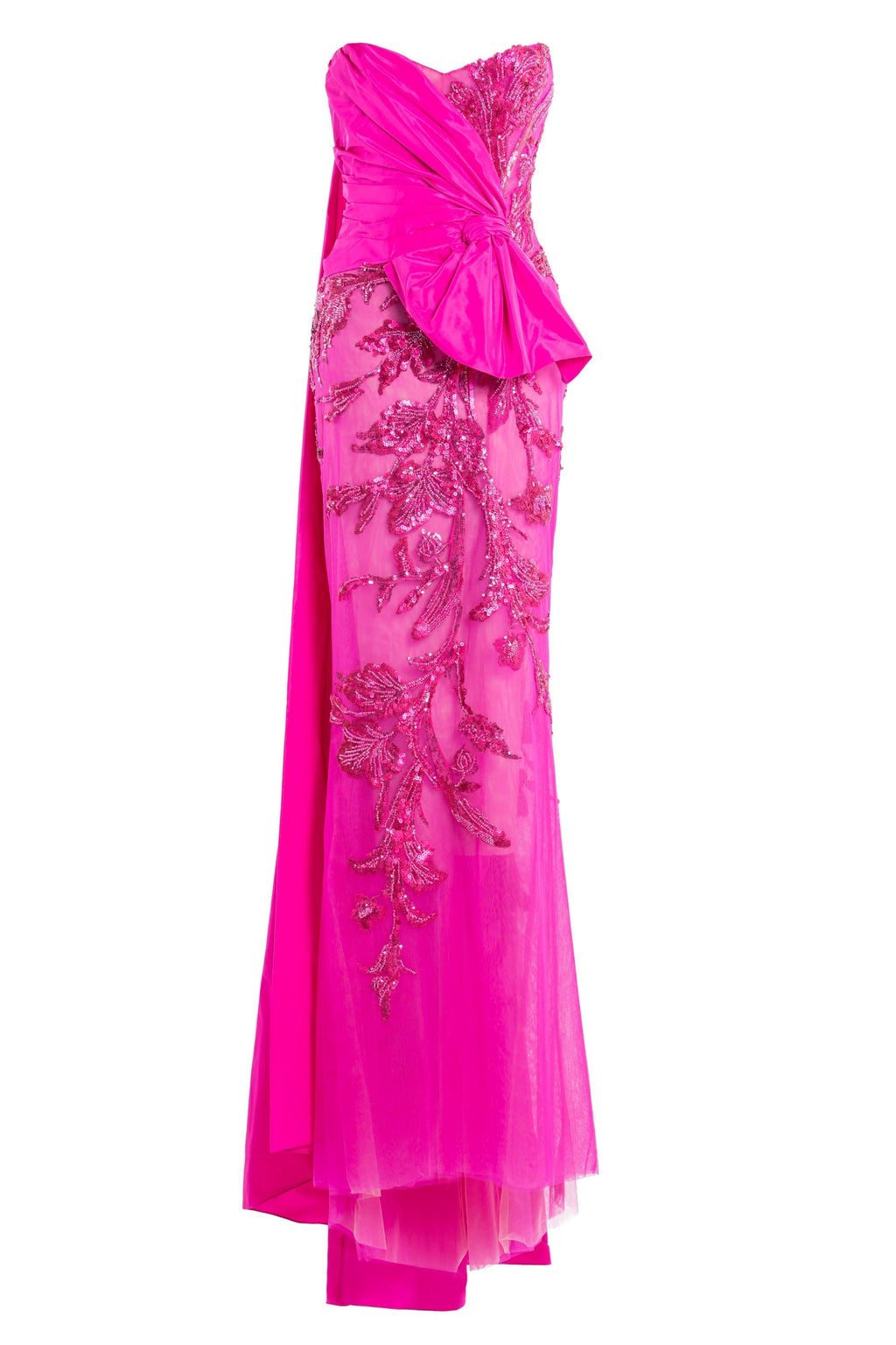 TULLE STRAPLESS BEADED DRESS WITH A TAFFETA DRAPING AND TAIL