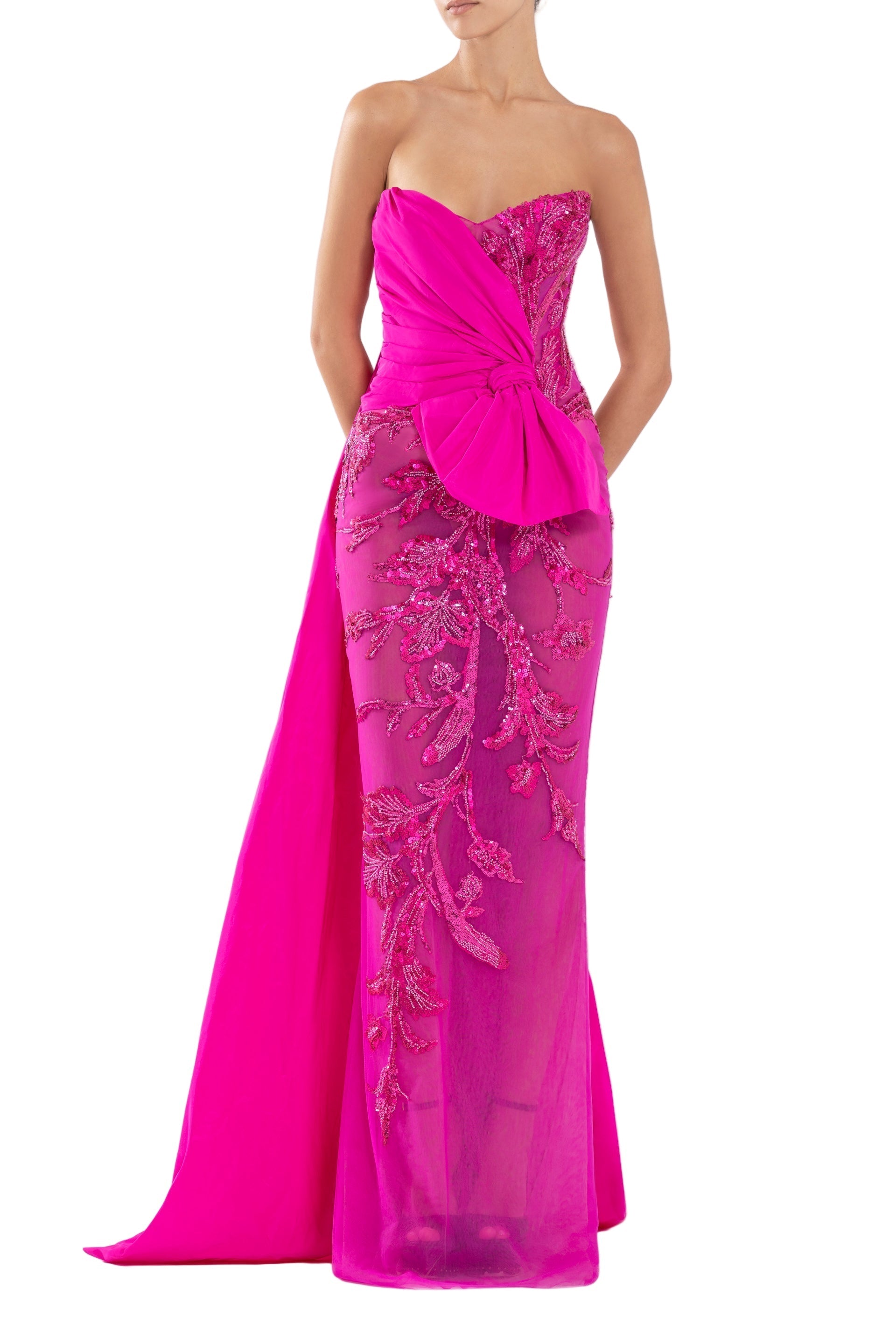TULLE STRAPLESS BEADED DRESS WITH A TAFFETA DRAPING AND TAIL