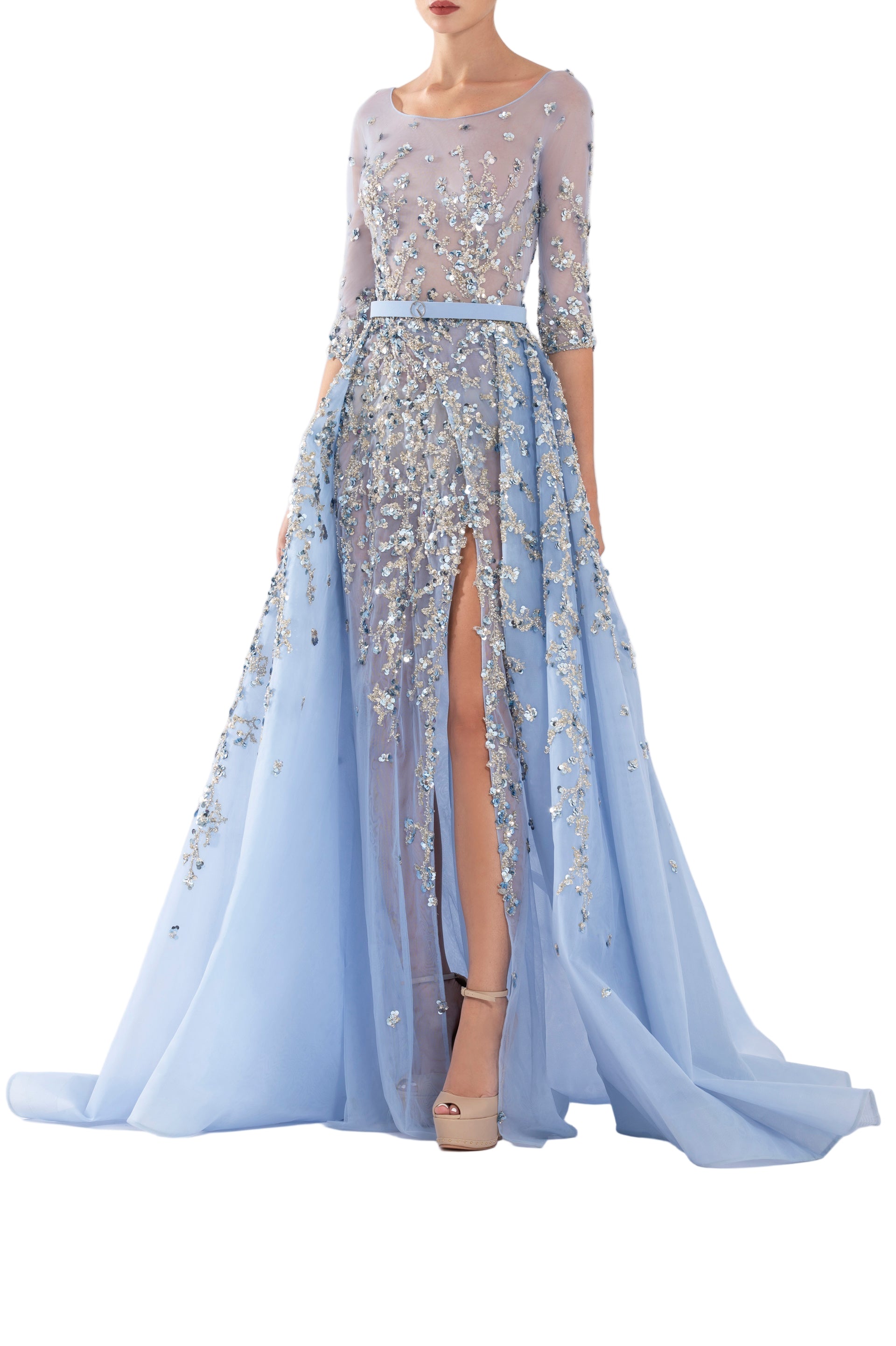TULLE BEADED DRESS WITH ENVELOPE SKIRT AND OVERSKIRT