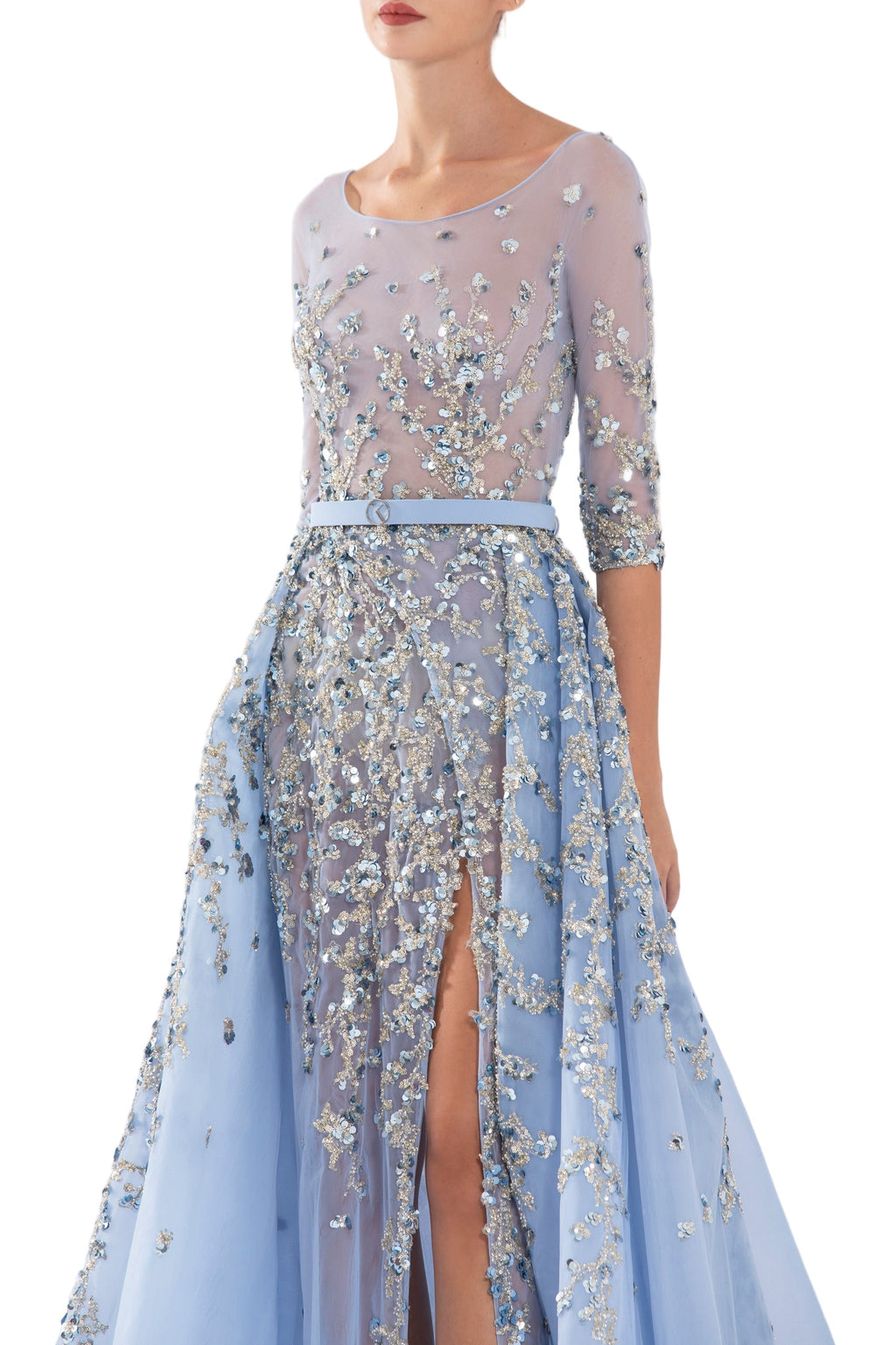 TULLE BEADED DRESS WITH ENVELOPE SKIRT AND OVERSKIRT