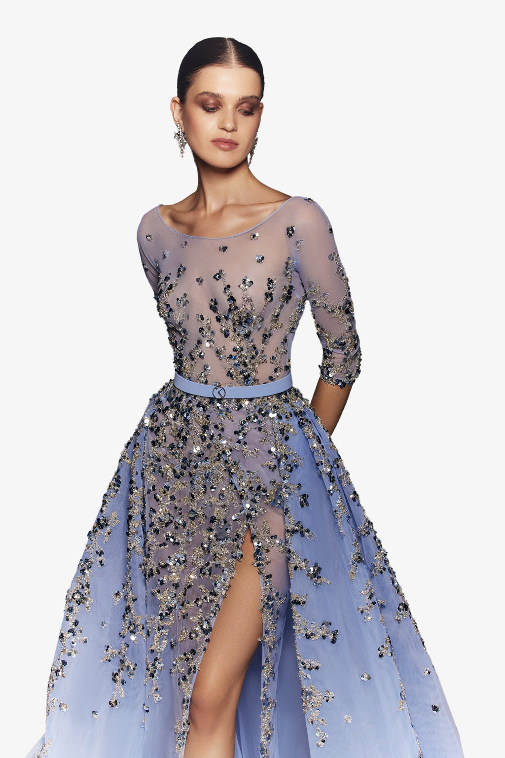 TULLE BEADED DRESS WITH ENVELOPE SKIRT AND OVERSKIRT