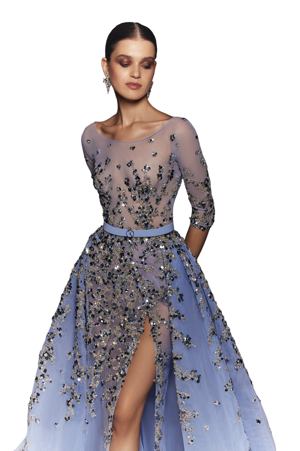 TULLE BEADED DRESS WITH ENVELOPE SKIRT AND OVERSKIRT