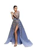 TULLE BEADED DRESS WITH ENVELOPE SKIRT AND OVERSKIRT