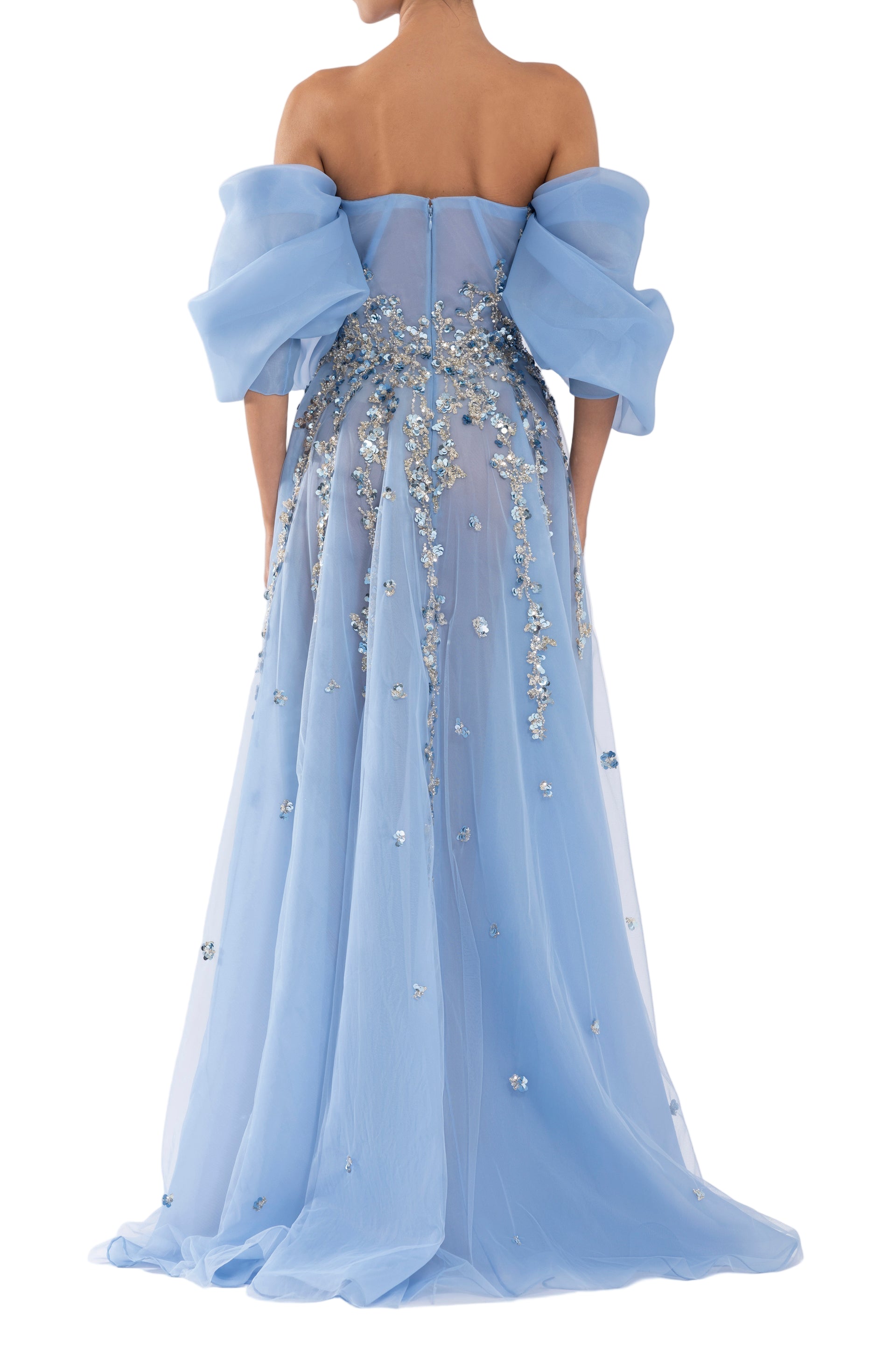ORGANZA DRESS WITH DOTTED BEADING AND PLEATED OF-SHOULDER SLEEVES