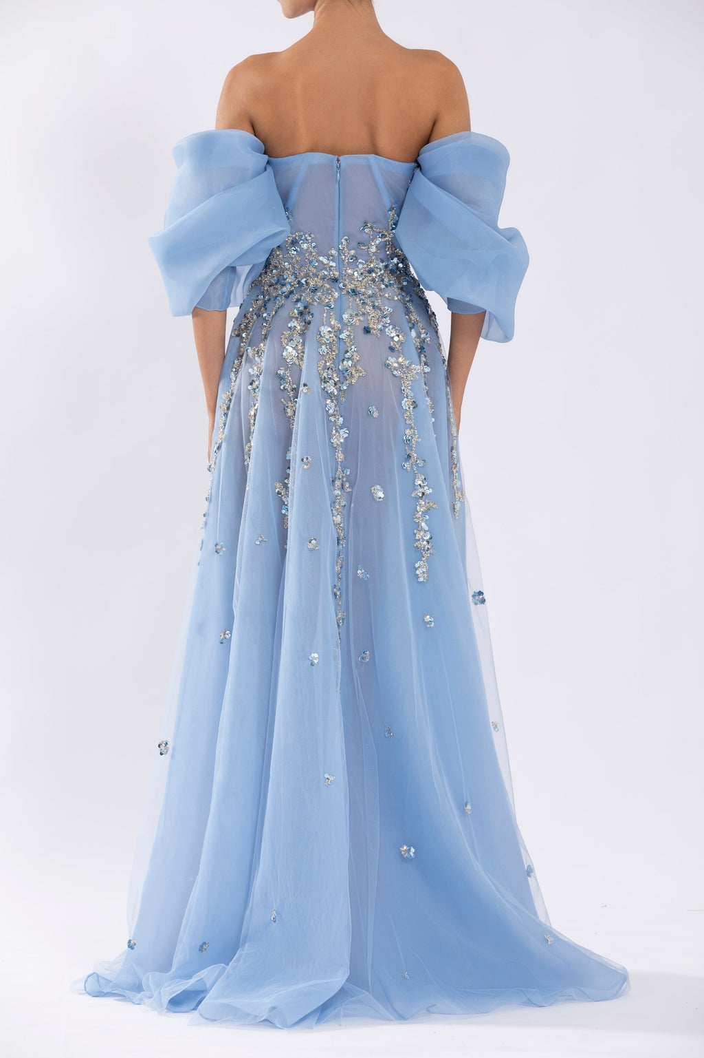 Organza Dress With Dotted Beading And Pleated Off-Shoulder Sleeves