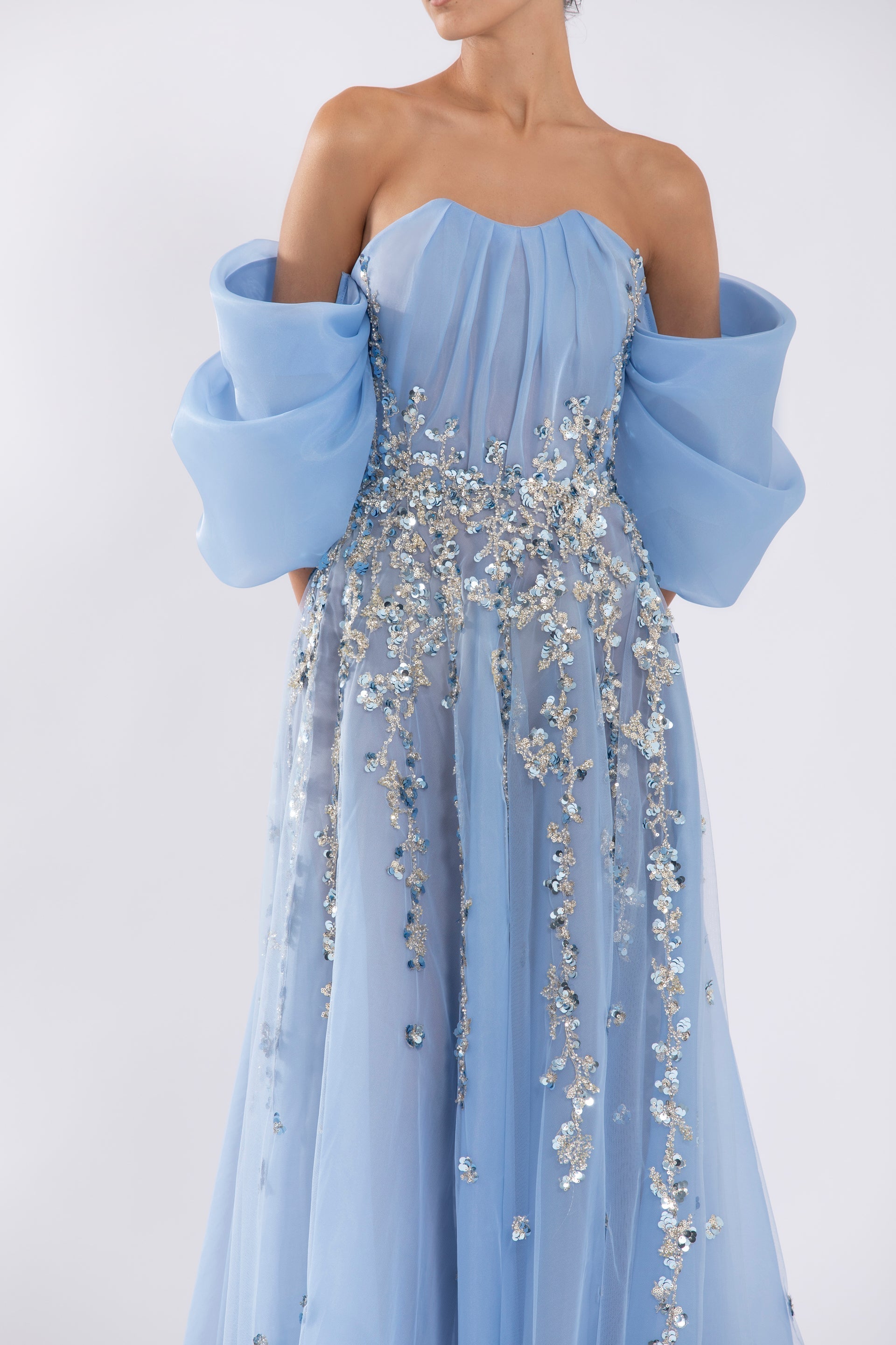 Organza Dress With Dotted Beading And Pleated Off-Shoulder Sleeves