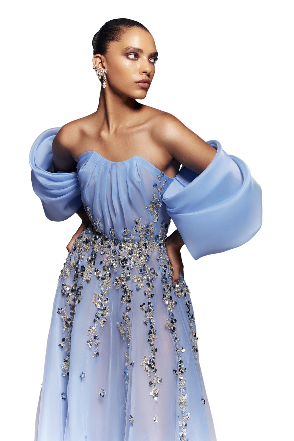ORGANZA DRESS WITH DOTTED BEADING AND PLEATED OF-SHOULDER SLEEVES