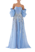ORGANZA DRESS WITH DOTTED BEADING AND PLEATED OF-SHOULDER SLEEVES