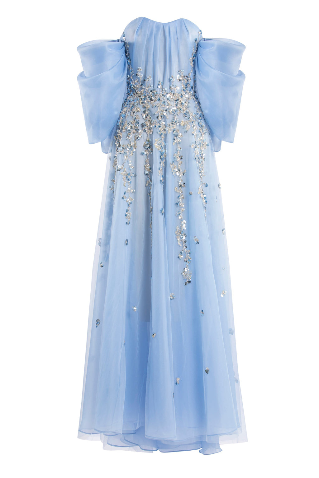 ORGANZA DRESS WITH DOTTED BEADING AND PLEATED OF-SHOULDER SLEEVES