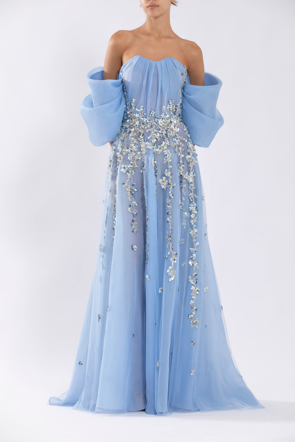 Organza Dress With Dotted Beading And Pleated Off-Shoulder Sleeves